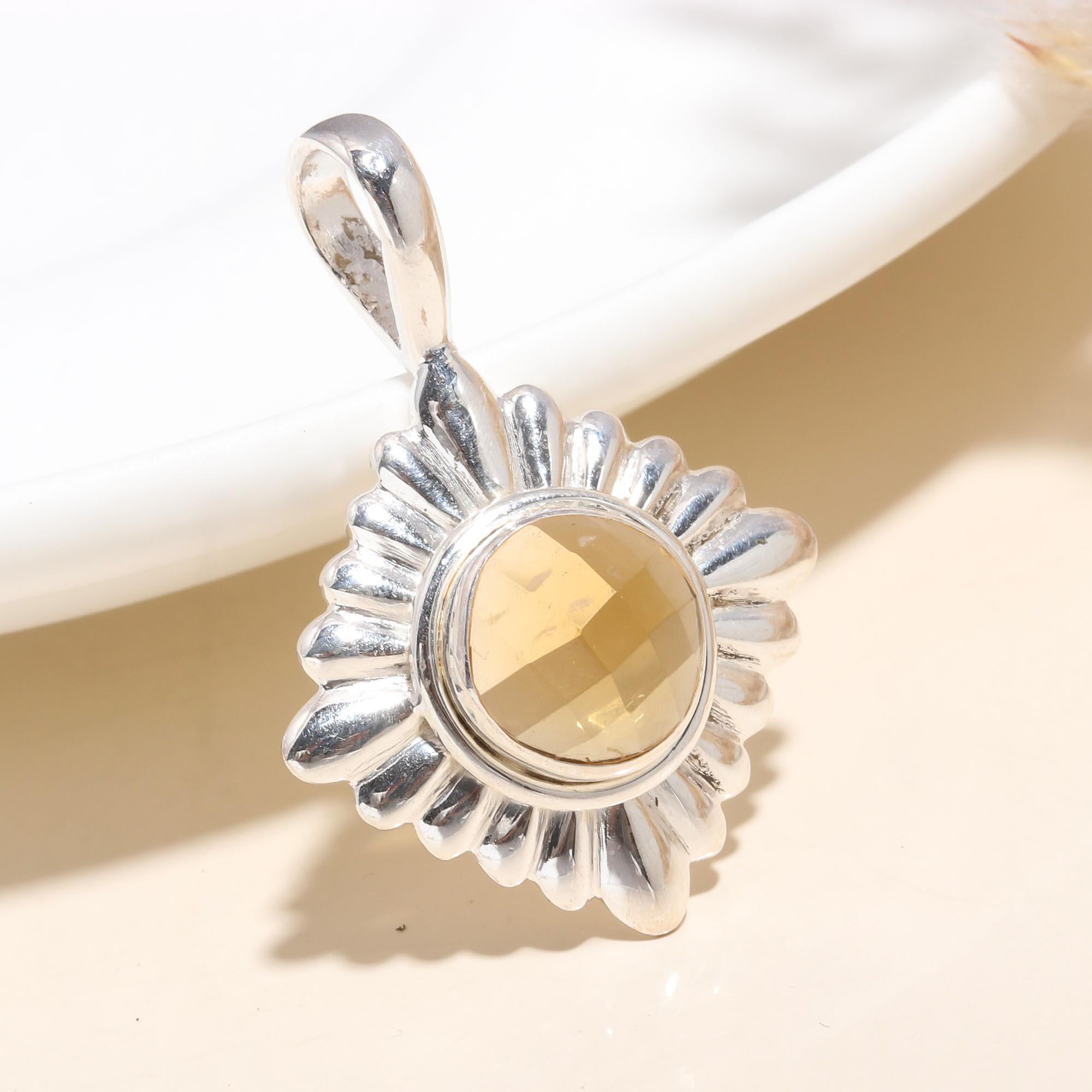 925 Sterling Silver Natural Citrine Sunburst Design Pendant