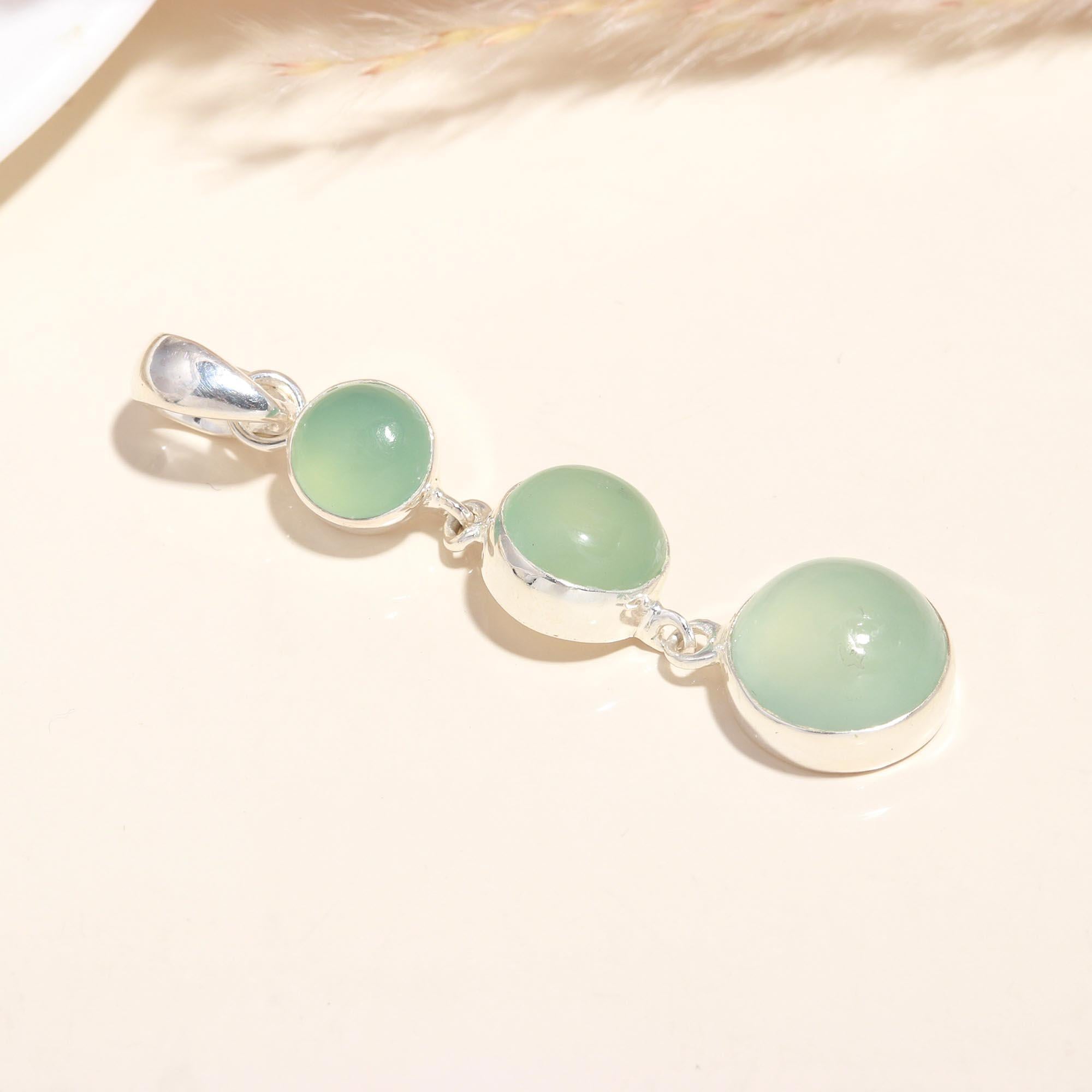 925 Sterling Silver Natural Green Chalcedony Dangle Pendant