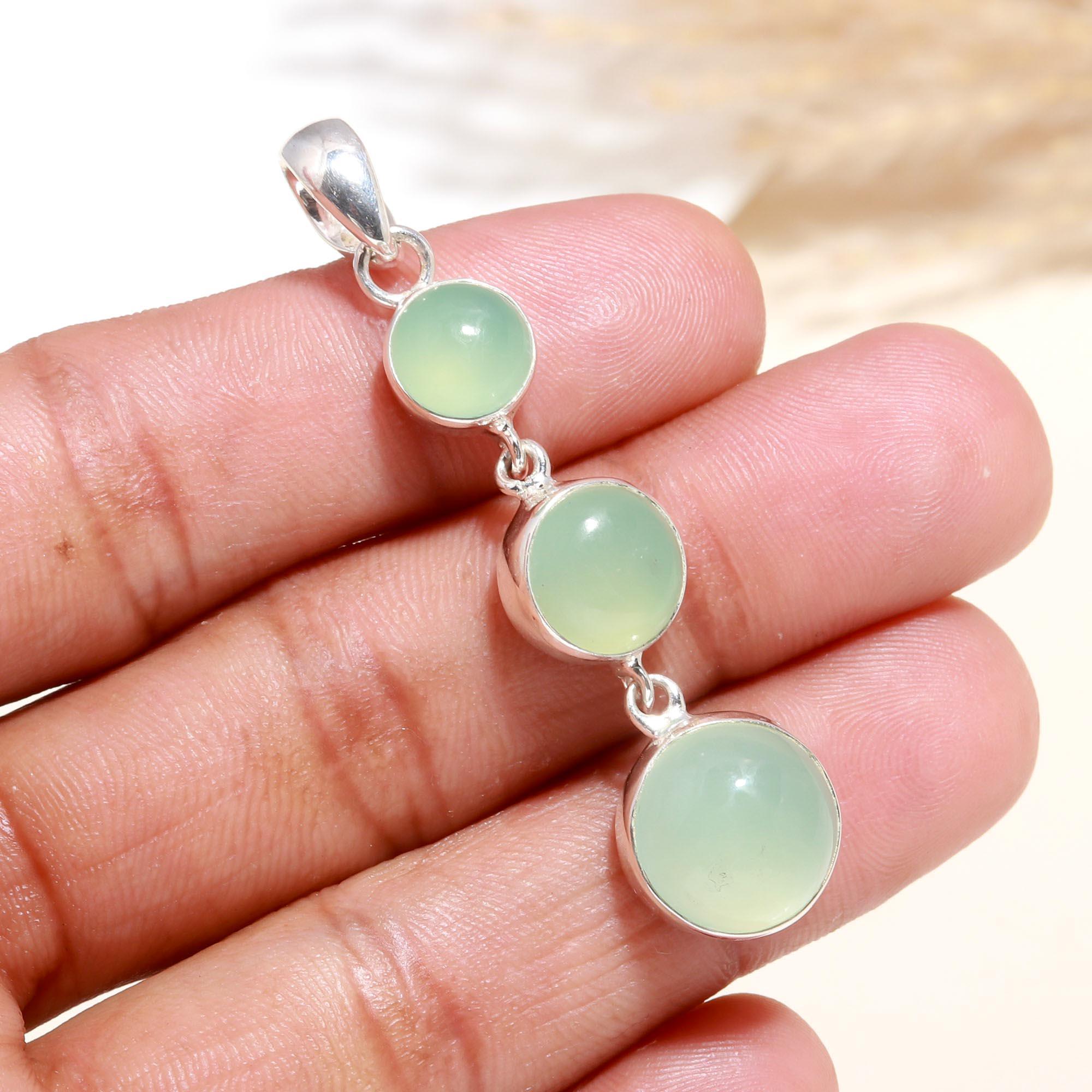 925 Sterling Silver Natural Green Chalcedony Dangle Pendant