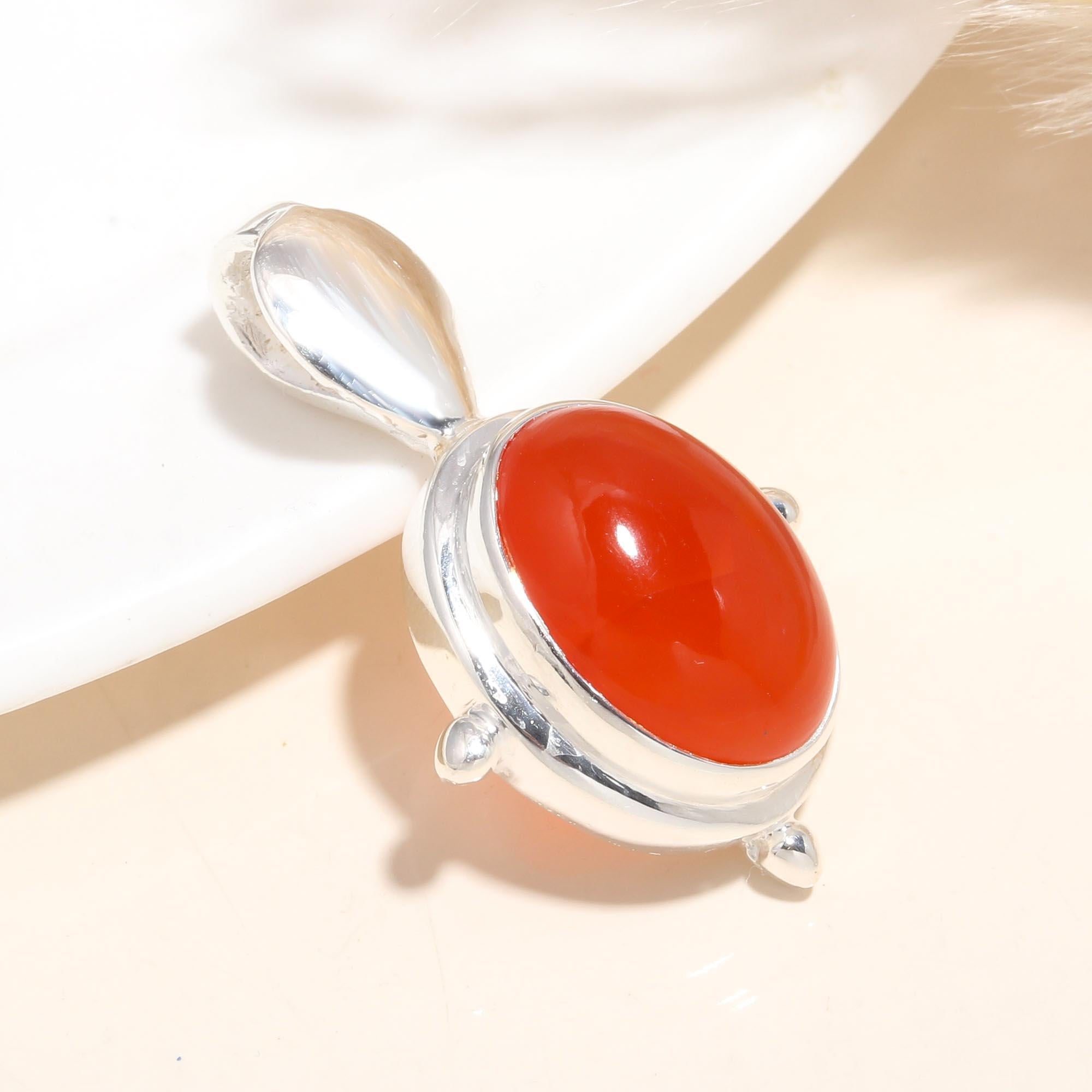925 Sterling Silver Red Carnelian Handmade Pendant