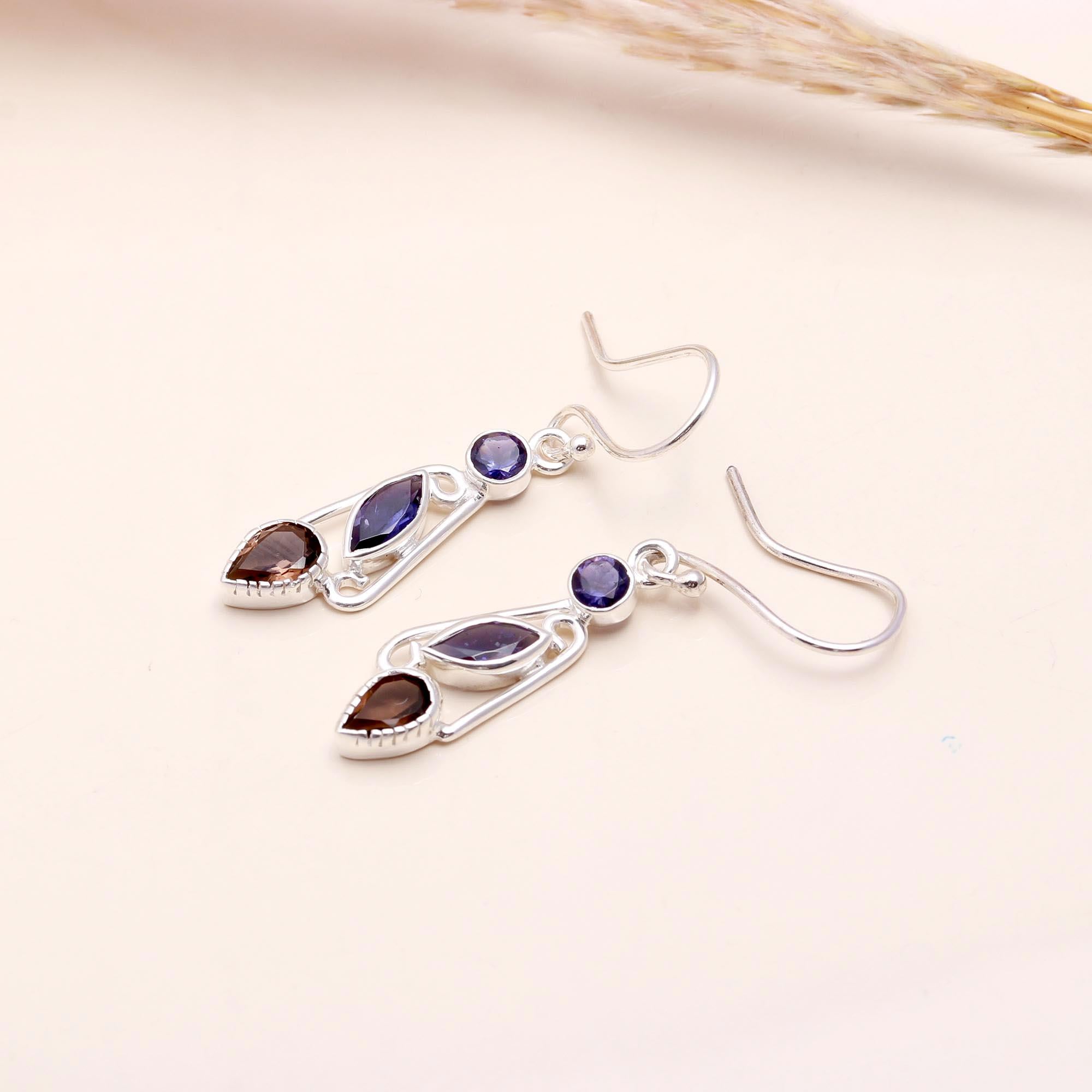925 Sterling Silver Iolite & Smoky Quartz Dangle Earrings