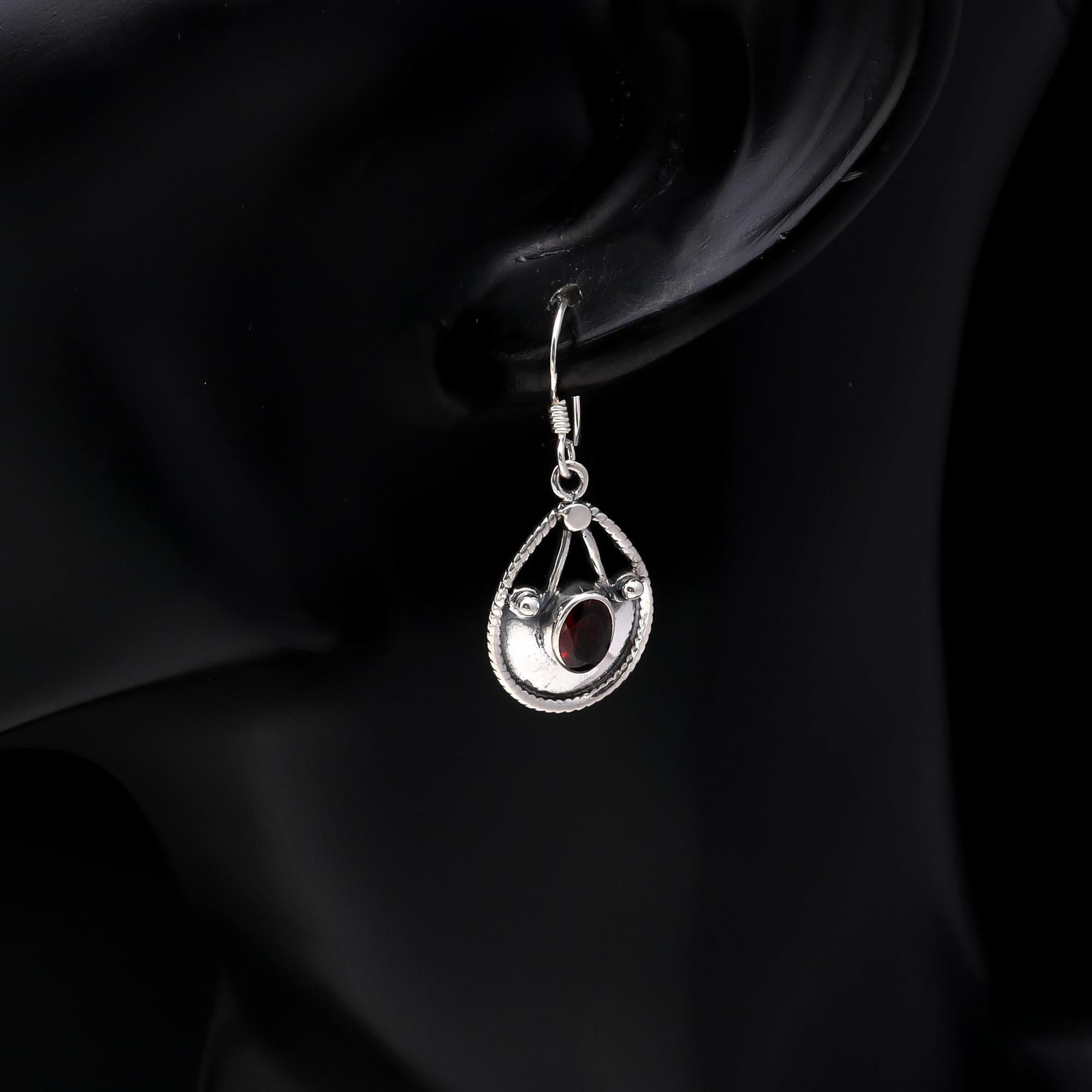 925 Sterling Silver Garnet Teardrop Dangle Handmade Boho Earrings