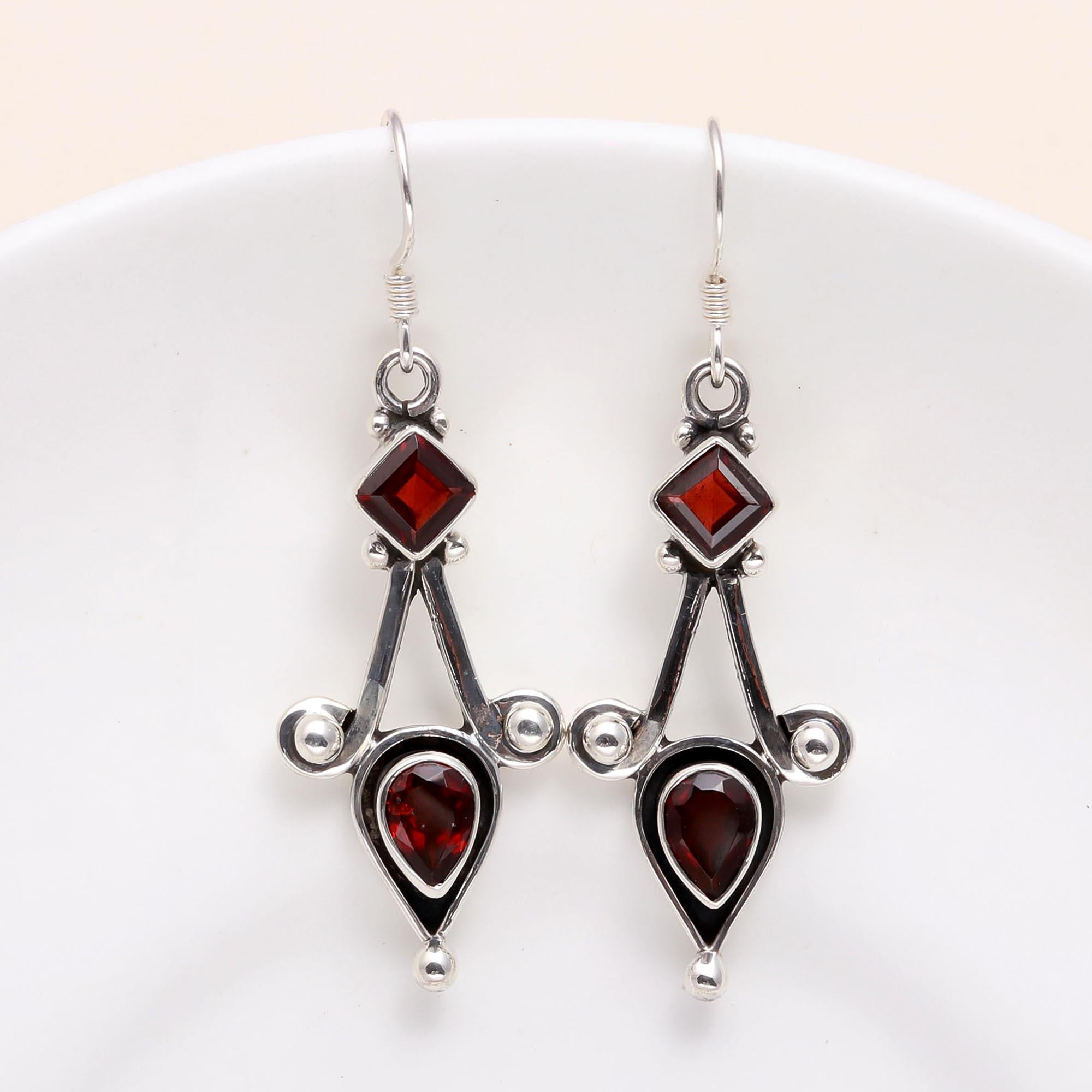 925 Sterling Silver Garnet Handmade Dangle Earrings