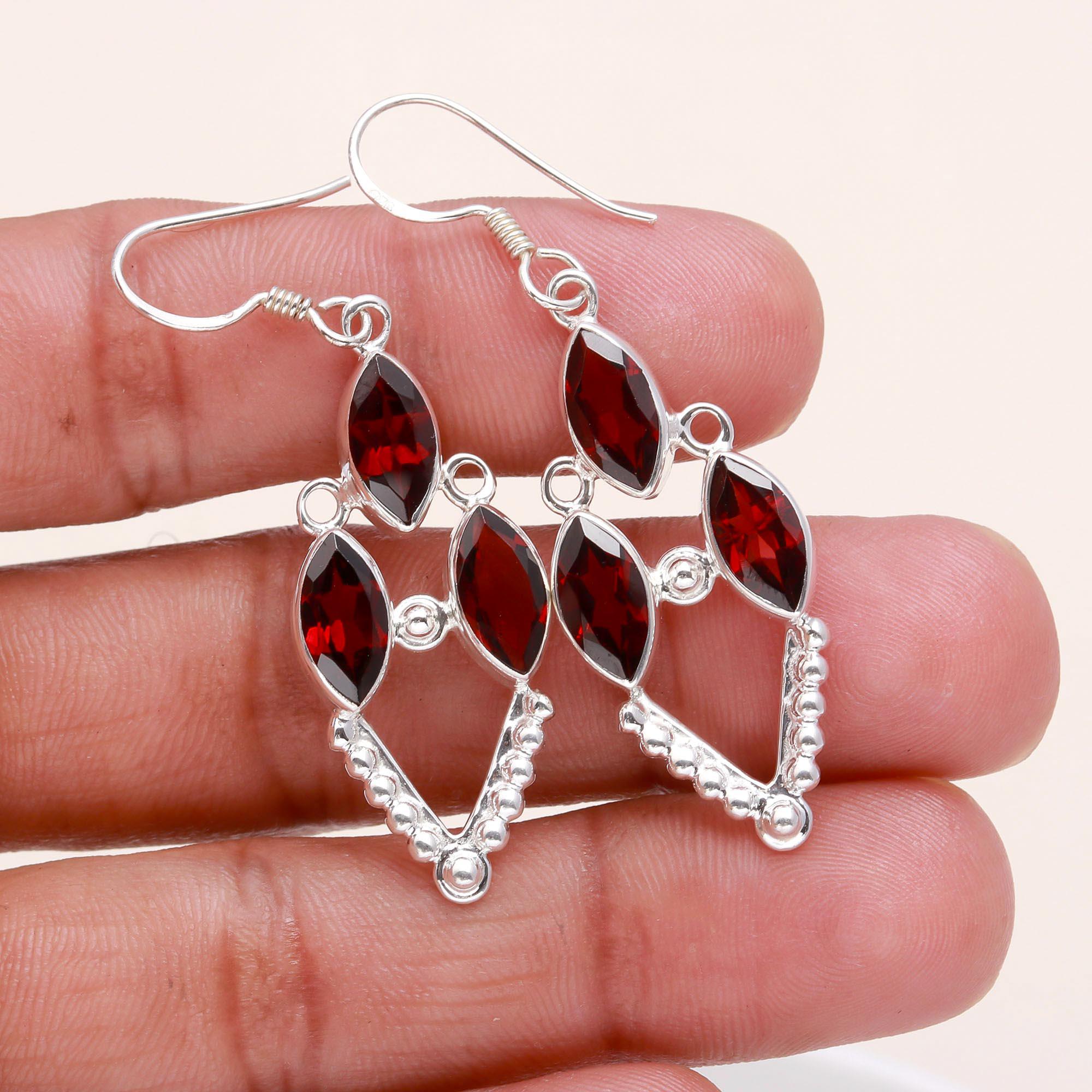 925 Sterling Silver Boho Vintage Handmade Garnet Dangle Earrings