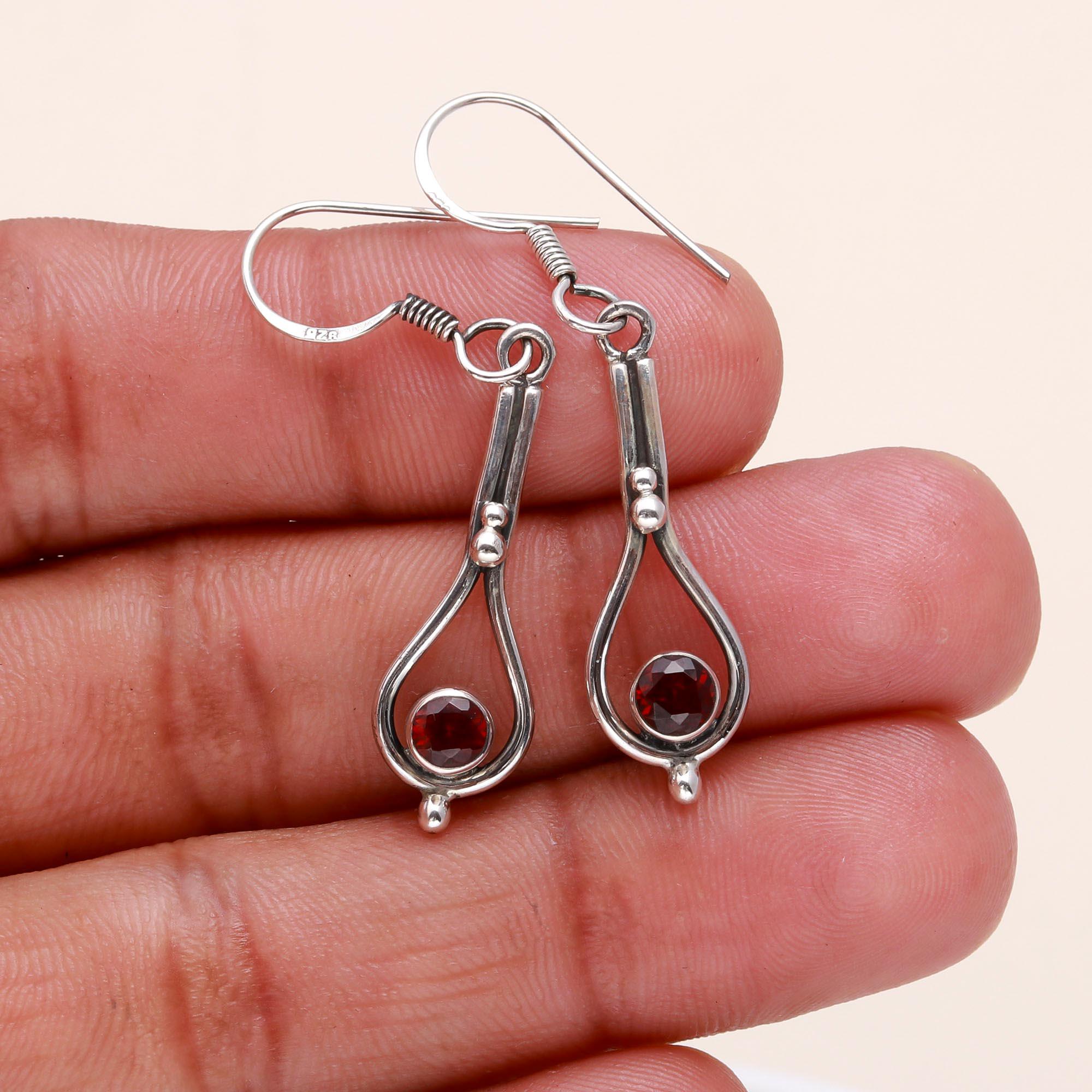 925 Sterling Silver Handmade Garnet Drop Earrings