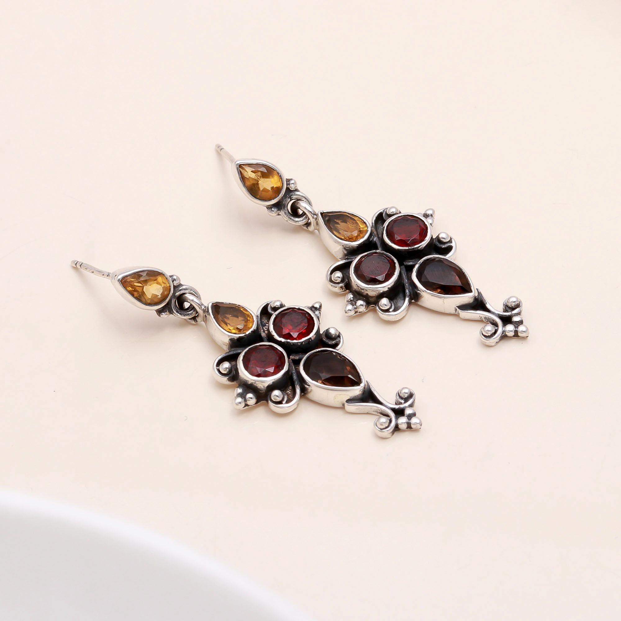 925 Sterling Silver Vintage Garnet & Citrine Dangle Earrings