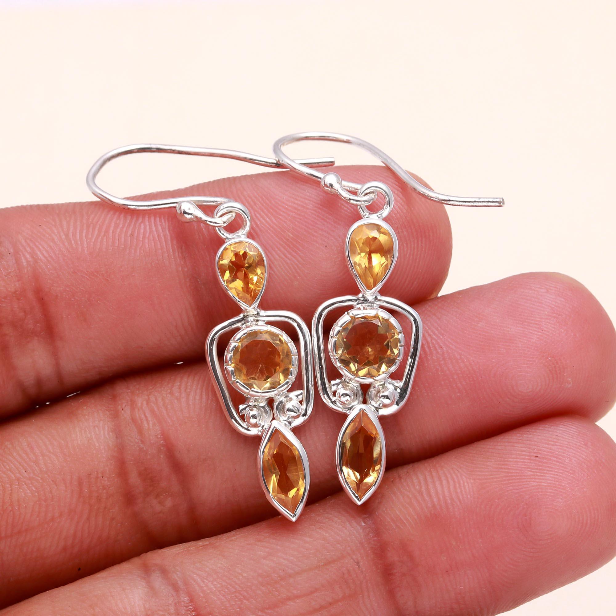 925 Sterling Silver Citrine Unique Dangle Earrings