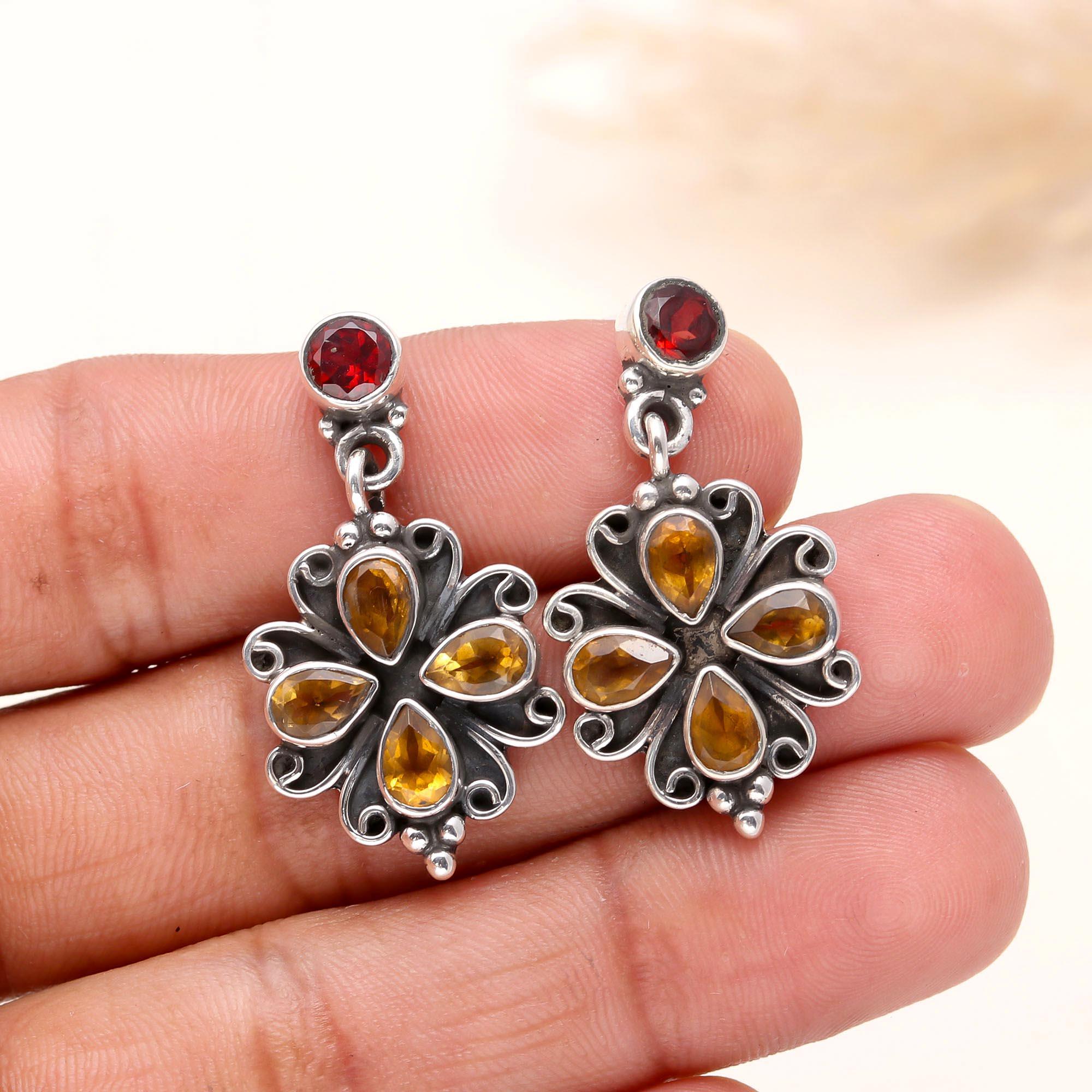 925 Sterling Silver Garnet & Citrine Floral Stud Earrings