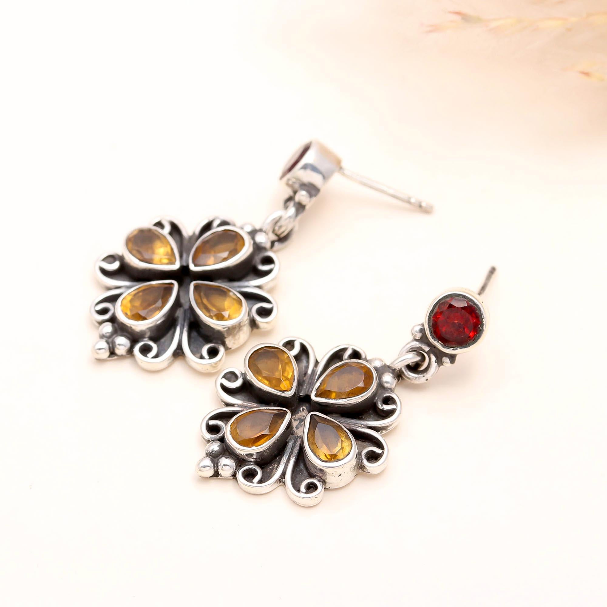 925 Sterling Silver Garnet & Citrine Floral Stud Earrings