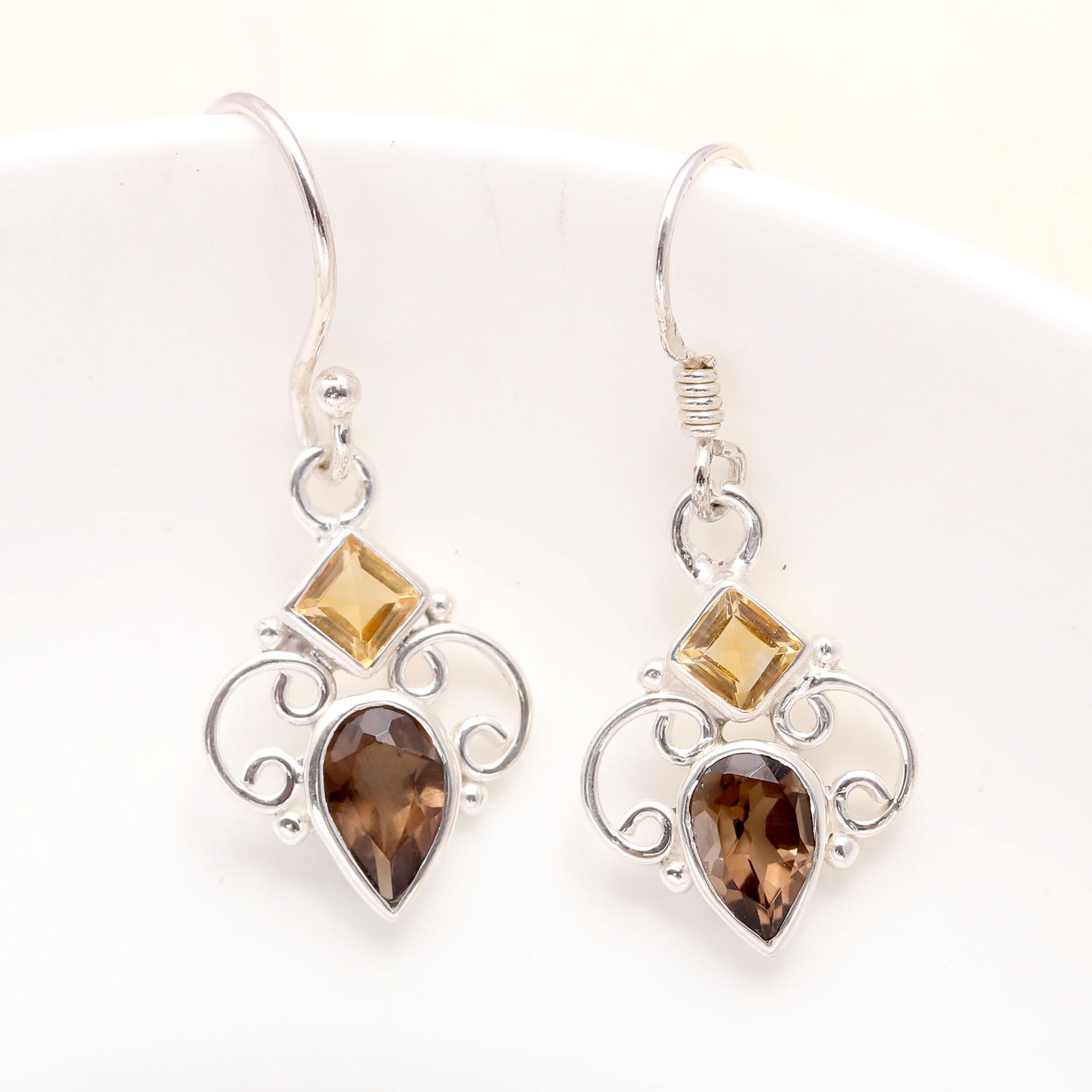 925 Sterling Silver Smoky Quartz & Citrine Dangle Earrings