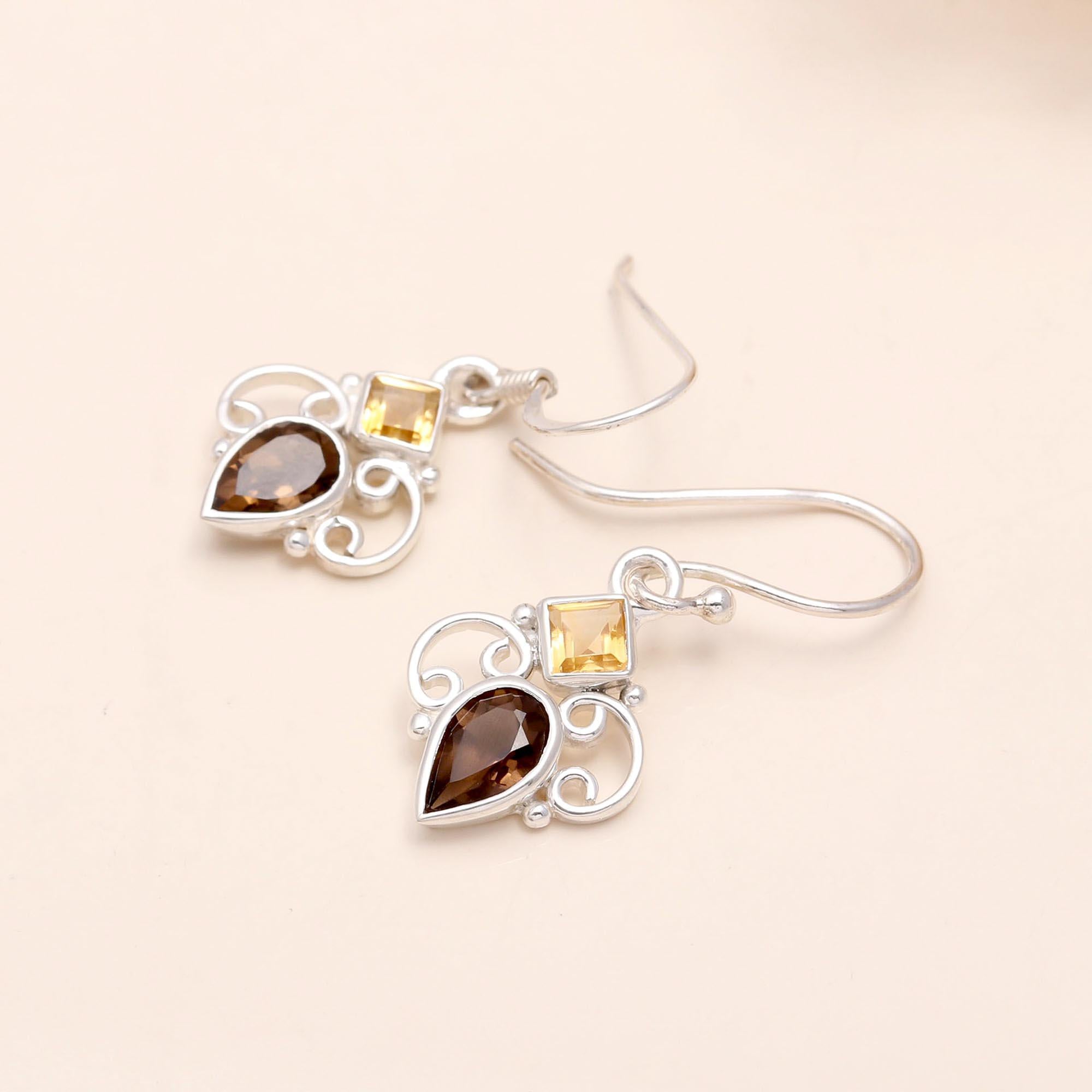 925 Sterling Silver Smoky Quartz & Citrine Dangle Earrings