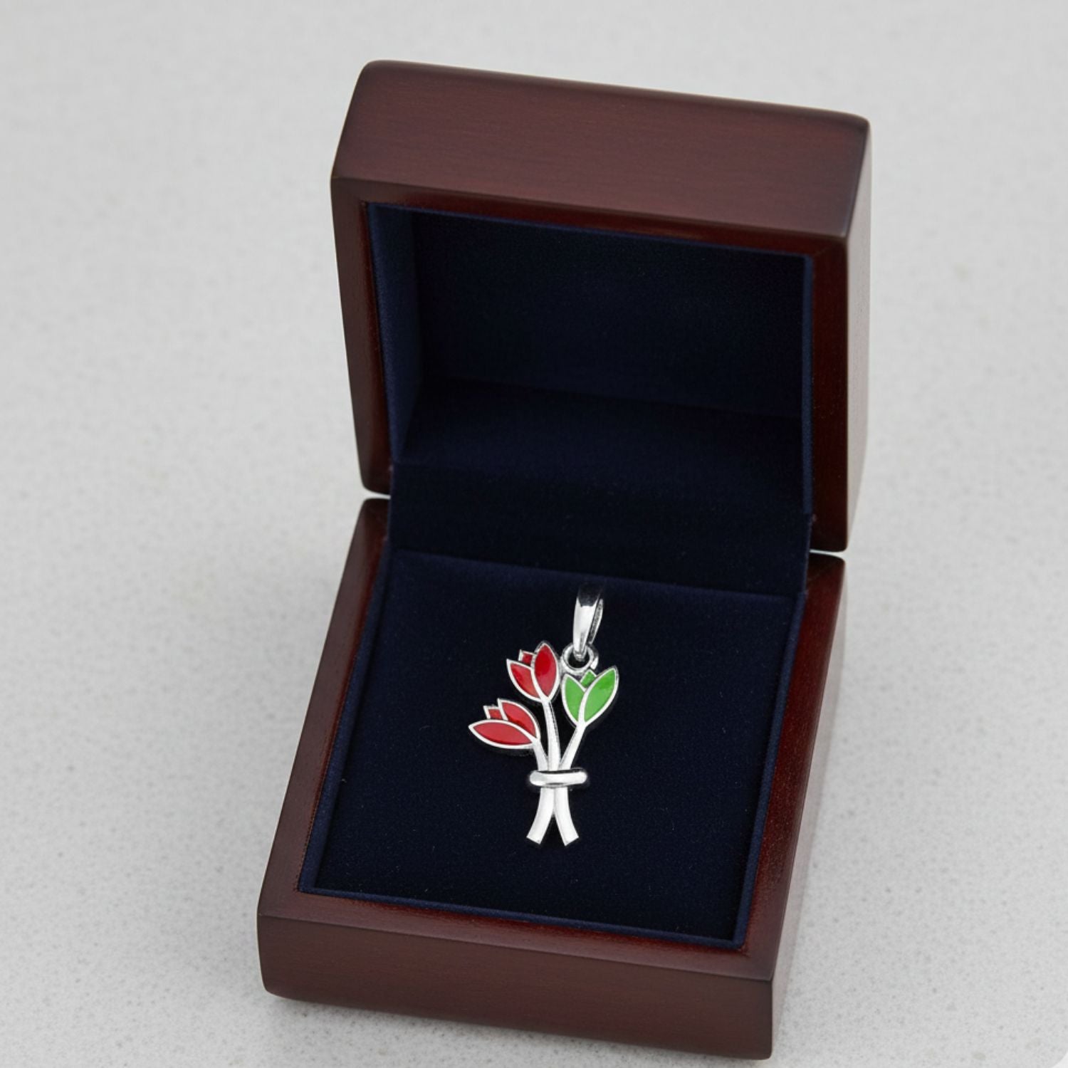 925 Sterling Silver Red & Green Enamel Floral Charm Tulip Pendant