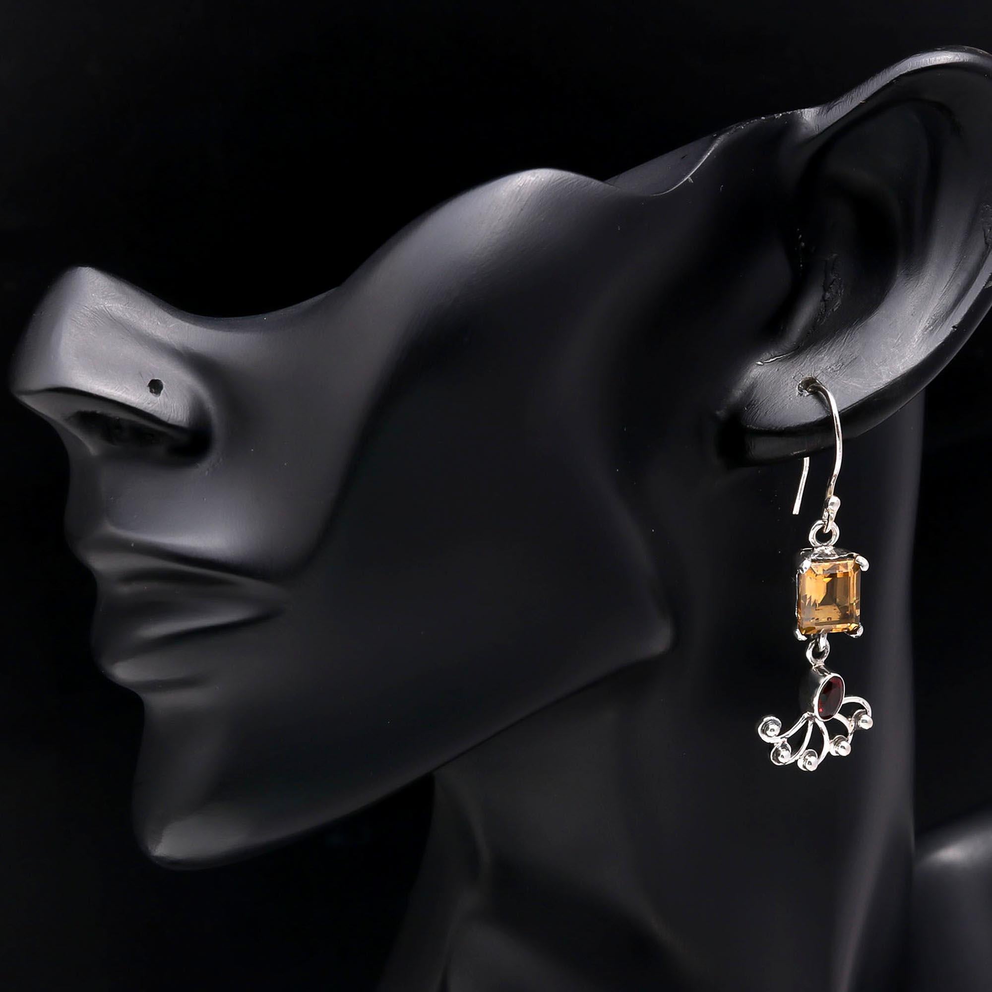 925 Sterling Silver Citrine & Garnet Filigree Dangle Earrings