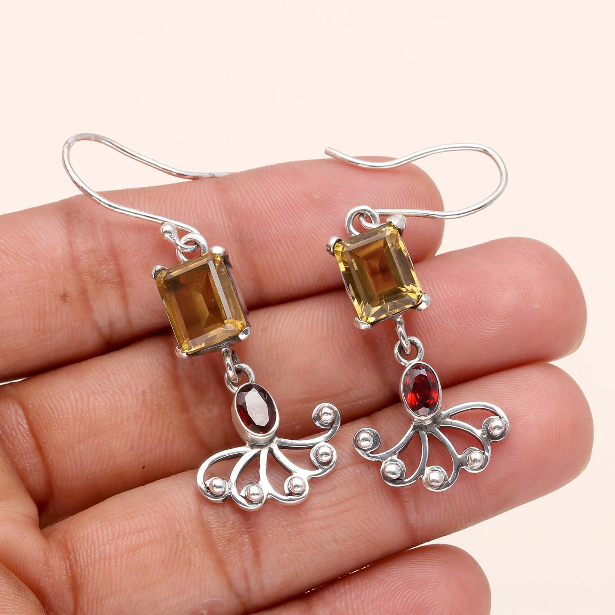 925 Sterling Silver Citrine & Garnet Filigree Dangle Earrings