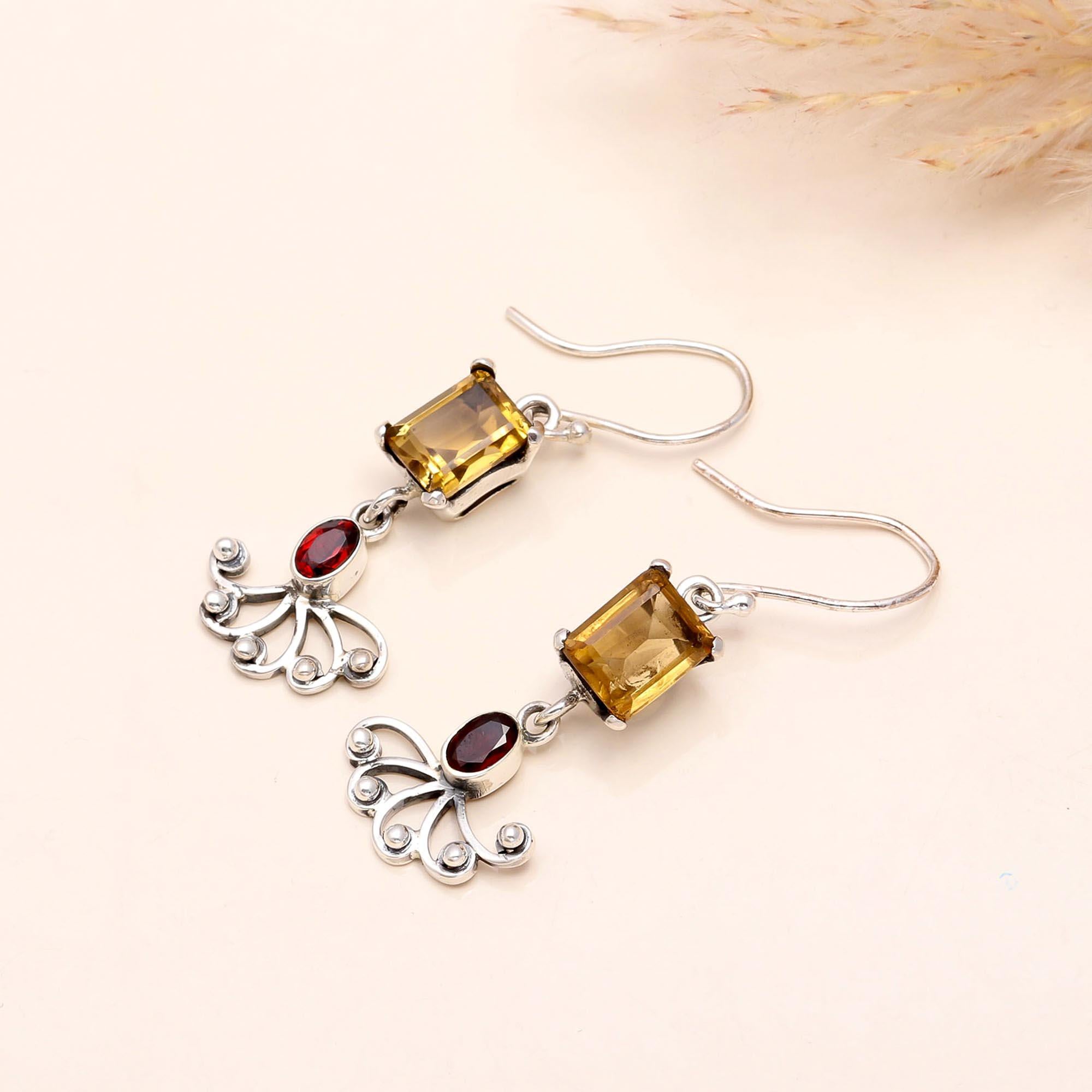 925 Sterling Silver Citrine & Garnet Filigree Dangle Earrings