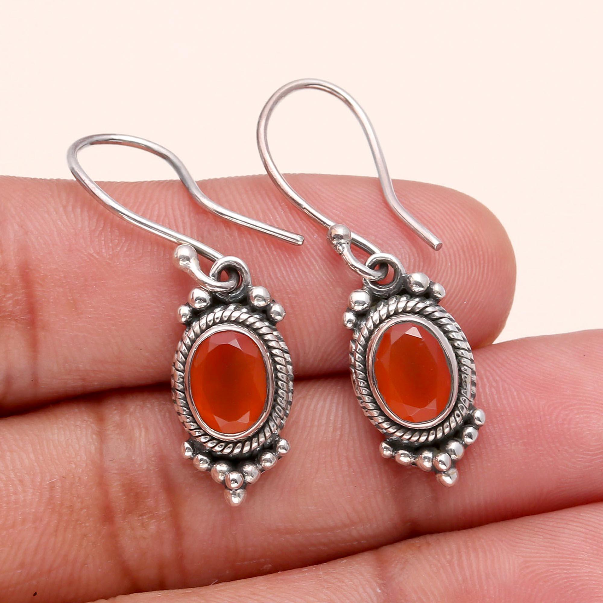 925 Sterling Silver Vintage Orange Carnelian Dangle Earrings