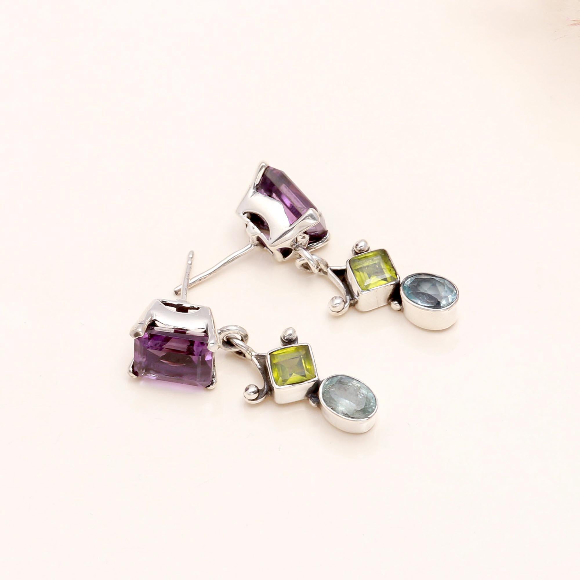 925 Sterling Silver Amethyst, Peridot & Blue Topaz Studs Earrings