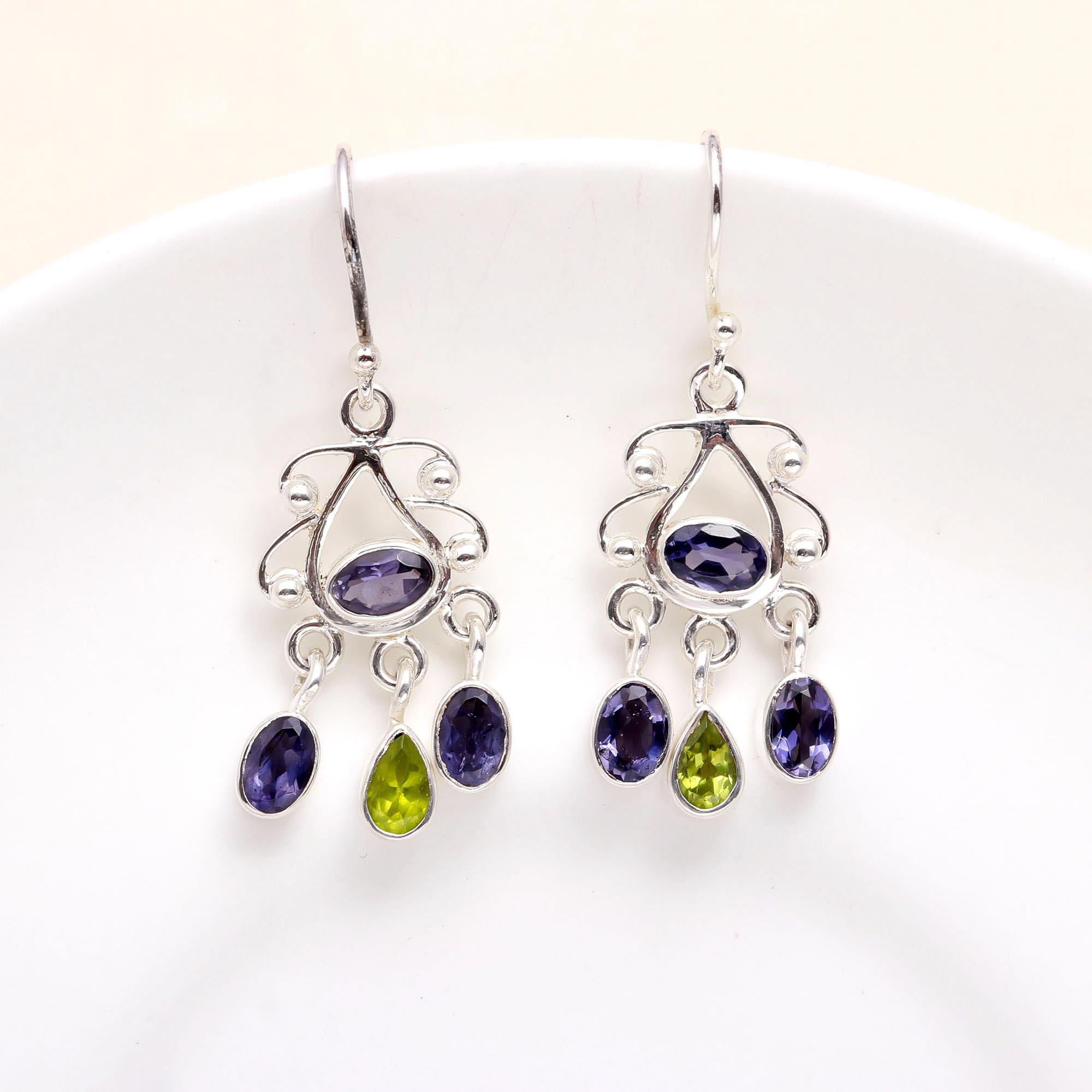 925 Sterling Silver Iolite & Peridot Chandelier Earrings
