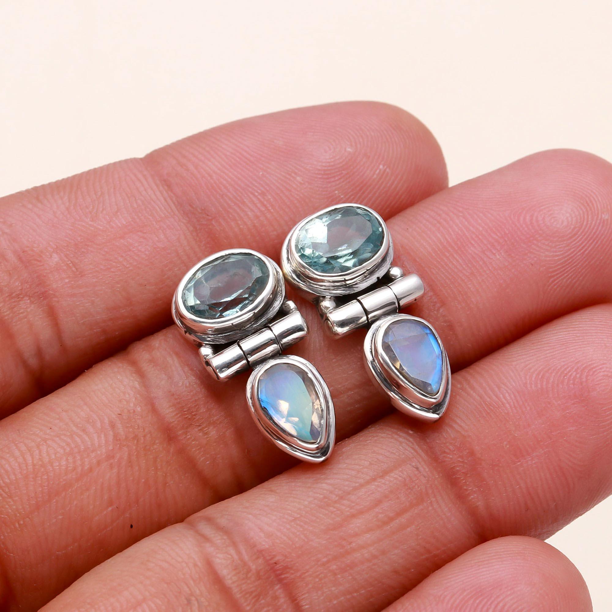 925 Sterling Silver Vintage-Style Blue Topaz & Moonstone Stud Earrings