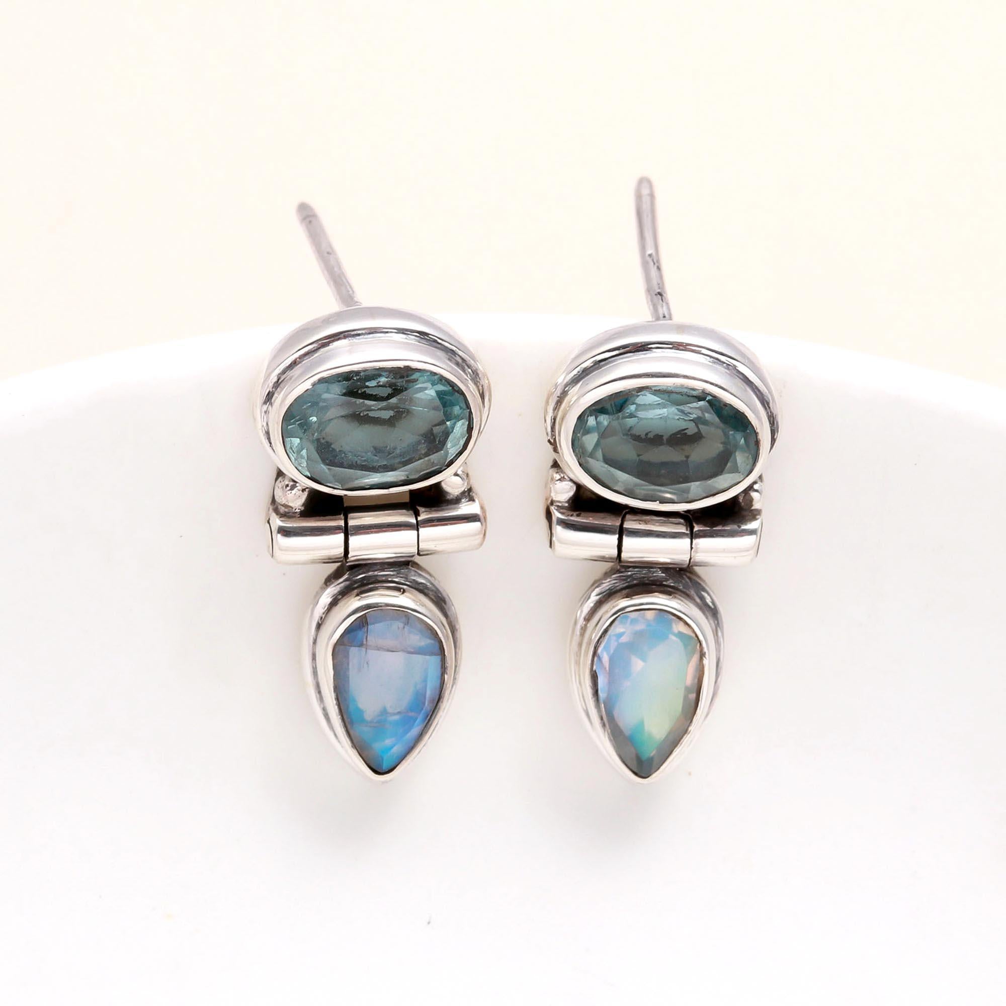 925 Sterling Silver Vintage-Style Blue Topaz & Moonstone Stud Earrings
