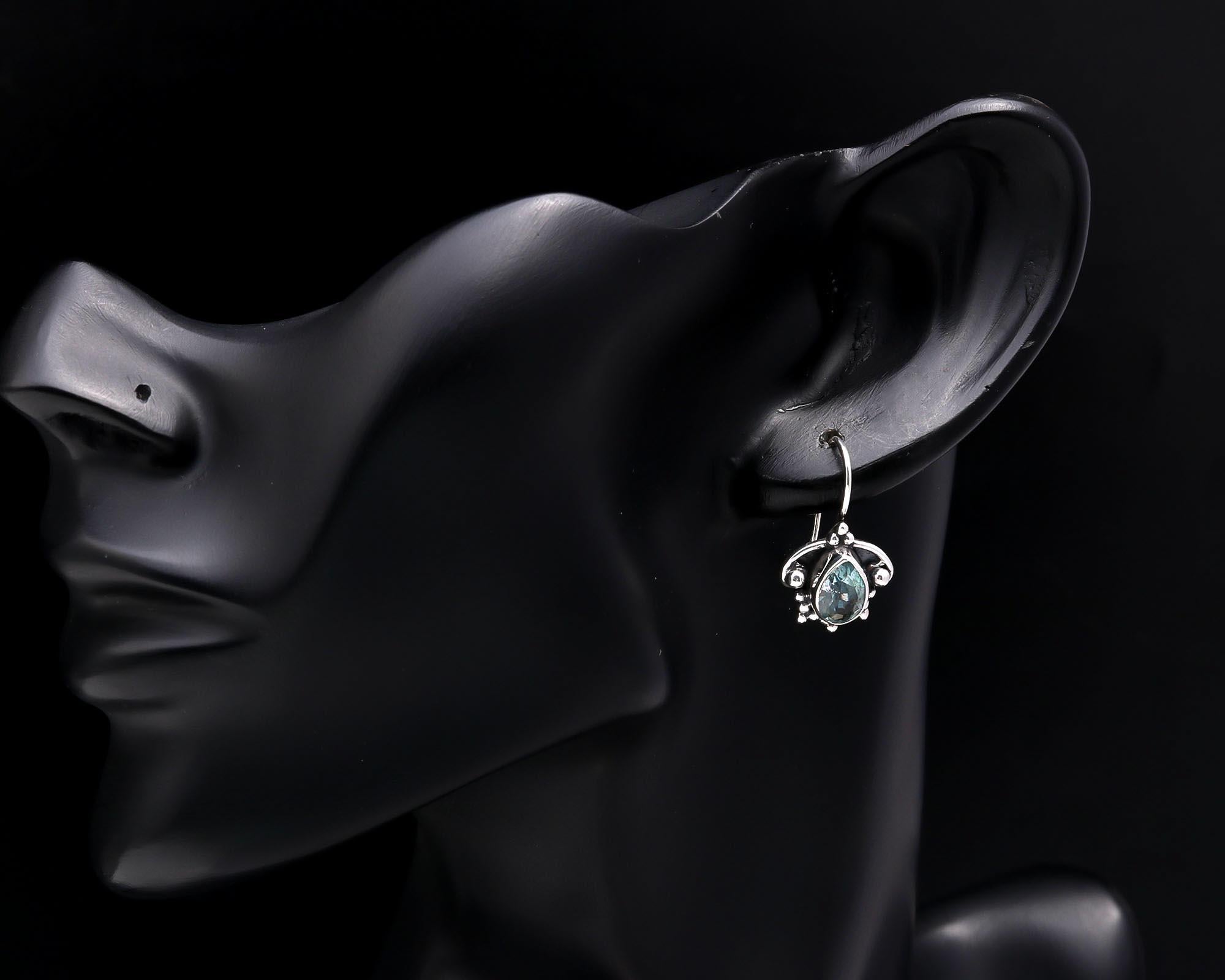 925 Sterling Silver Vintage Teardrop Aquamarine Dangle Earrings