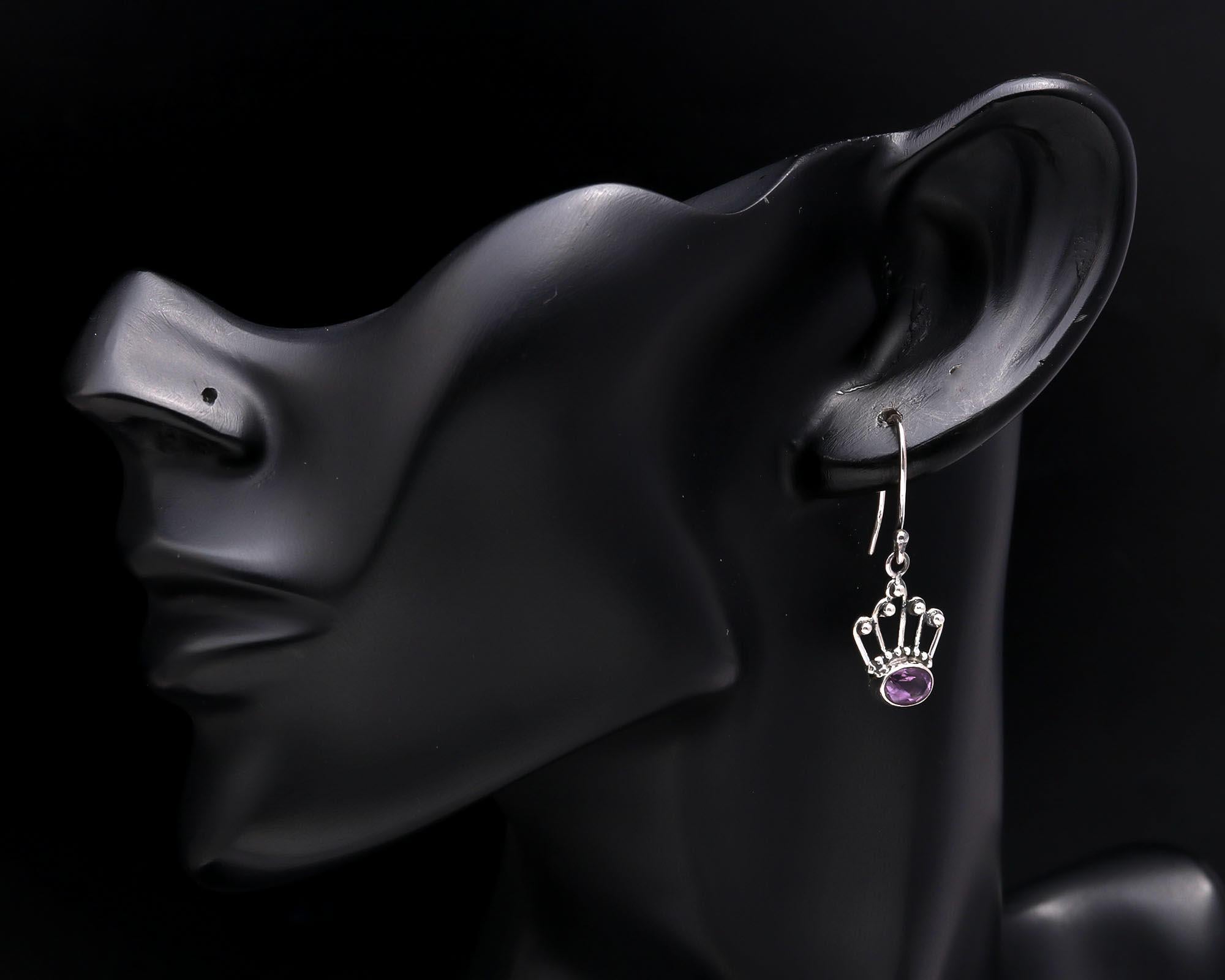 925 Sterling Silver Crown Amethyst Dangle Earrings