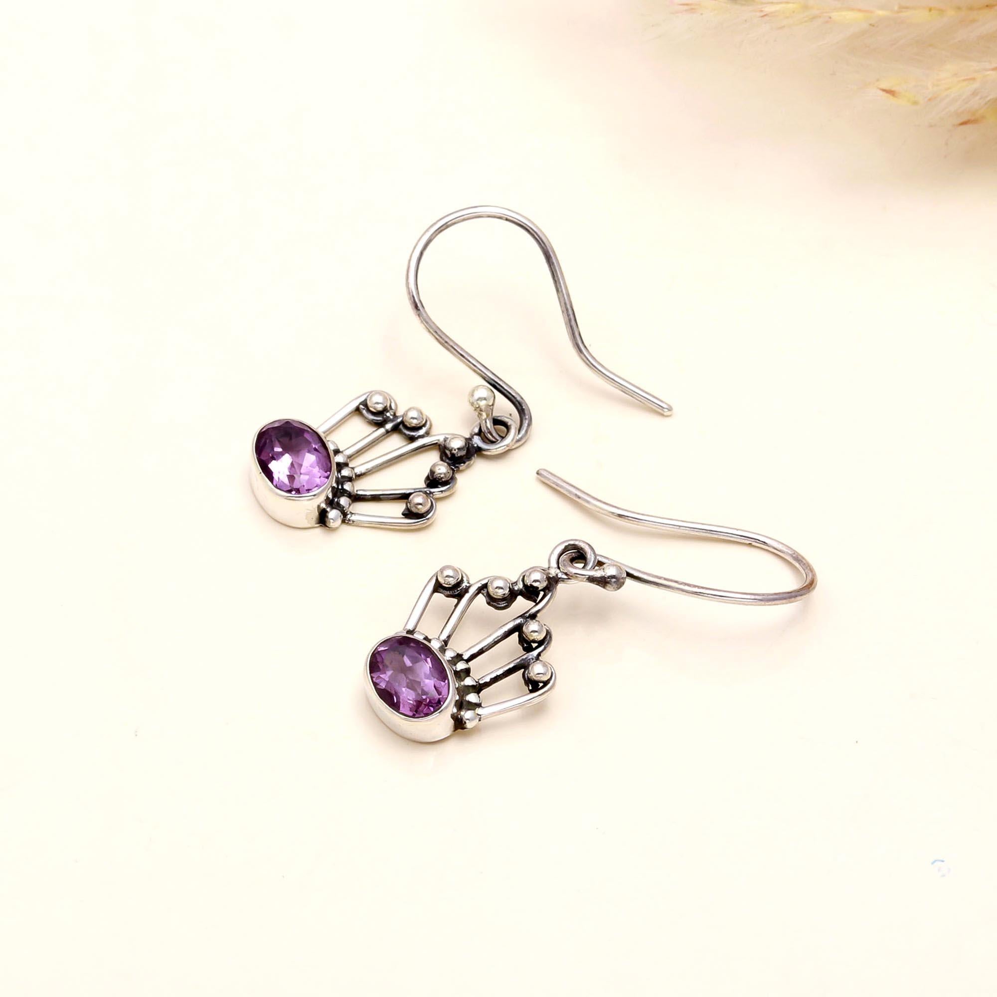 925 Sterling Silver Crown Amethyst Dangle Earrings