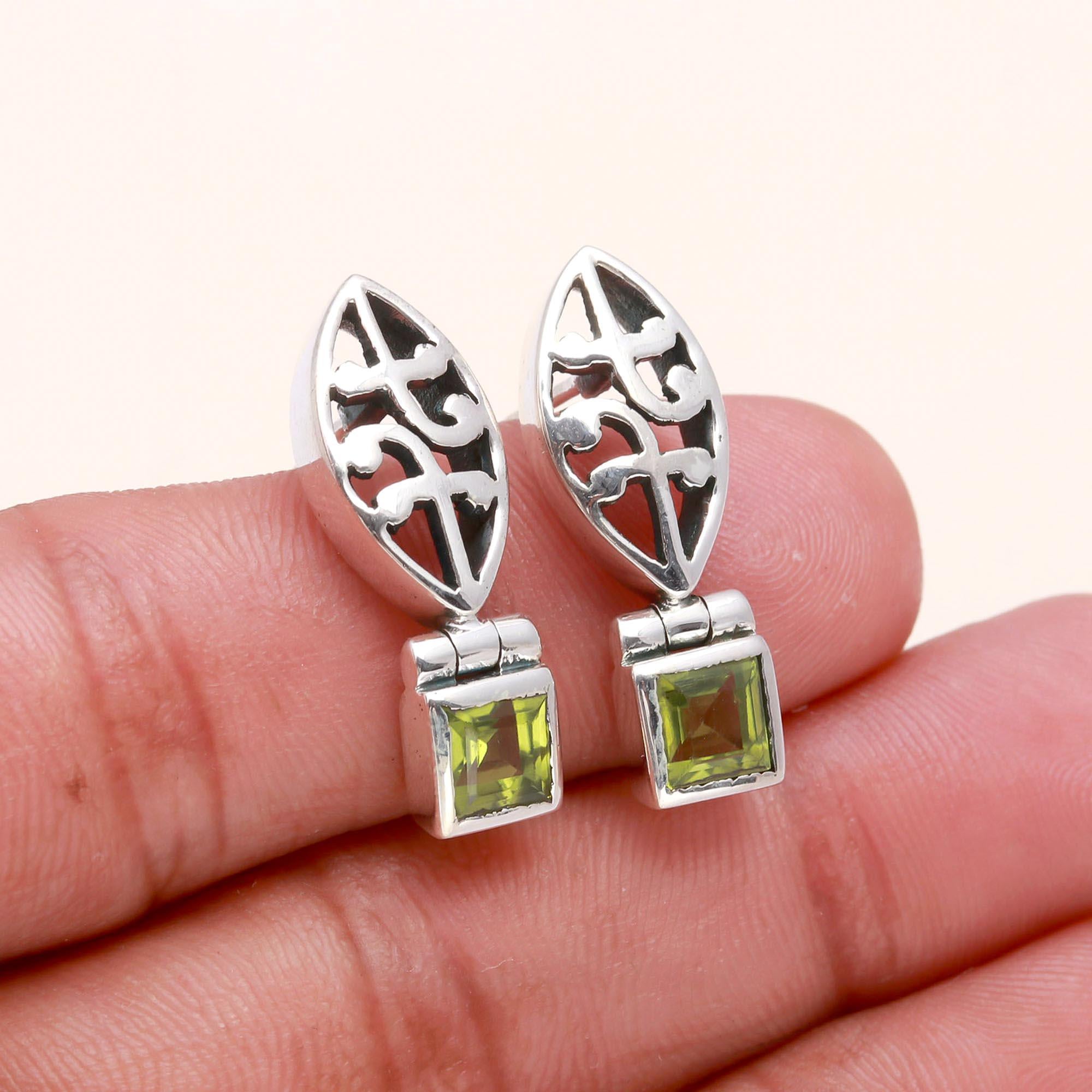 925 Sterling Silver Square Cut Peridot Dangle Earrings