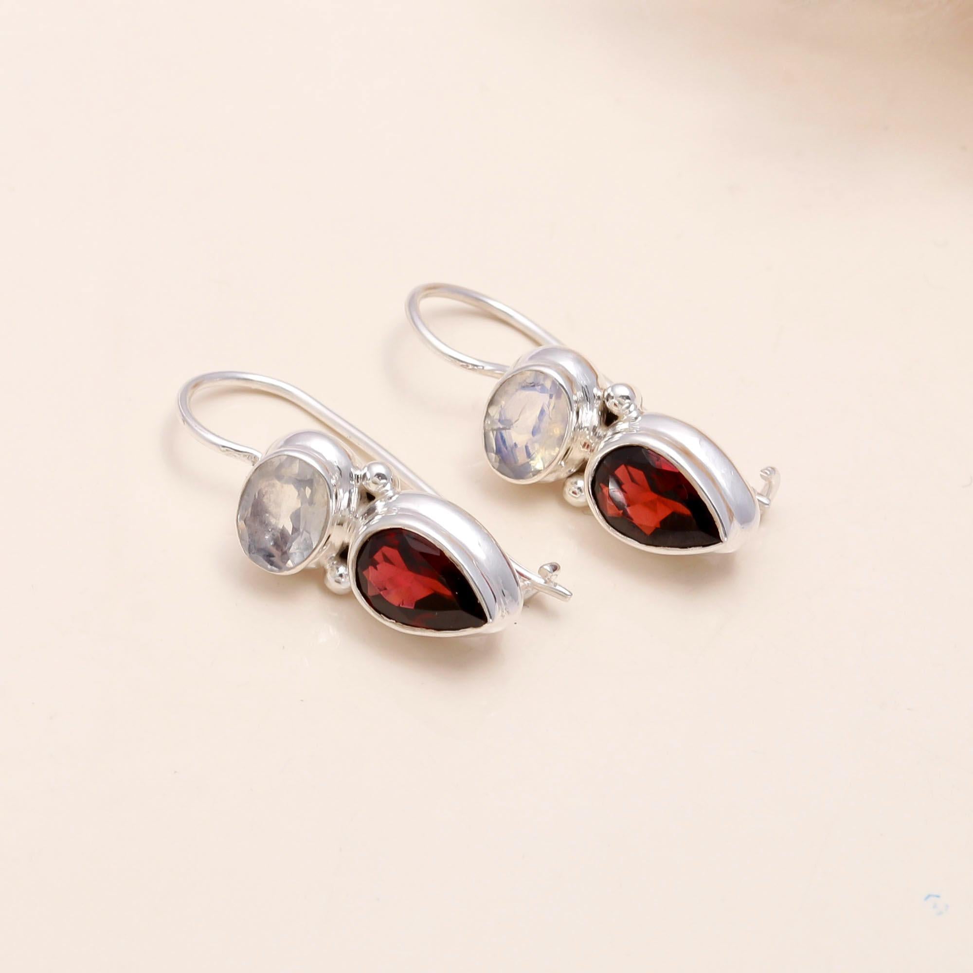 925 Sterling Silver Garnet & Moonstone Dangle Earrings
