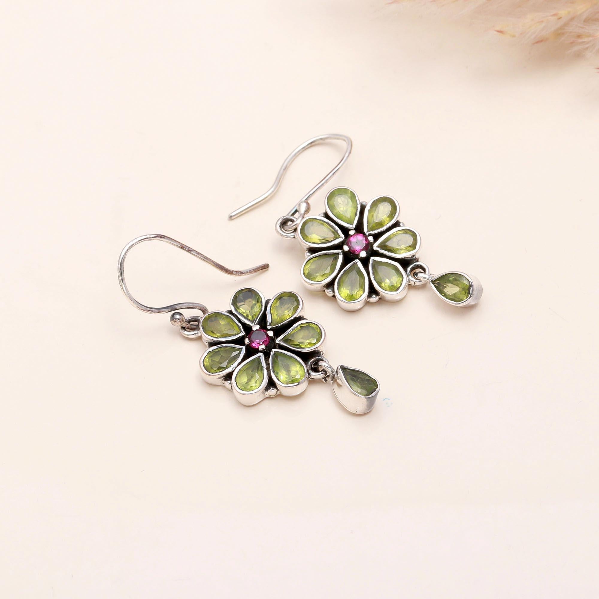 925 Sterling Silver Peridot & Pink Tourmaline Floral Dangle Earrings