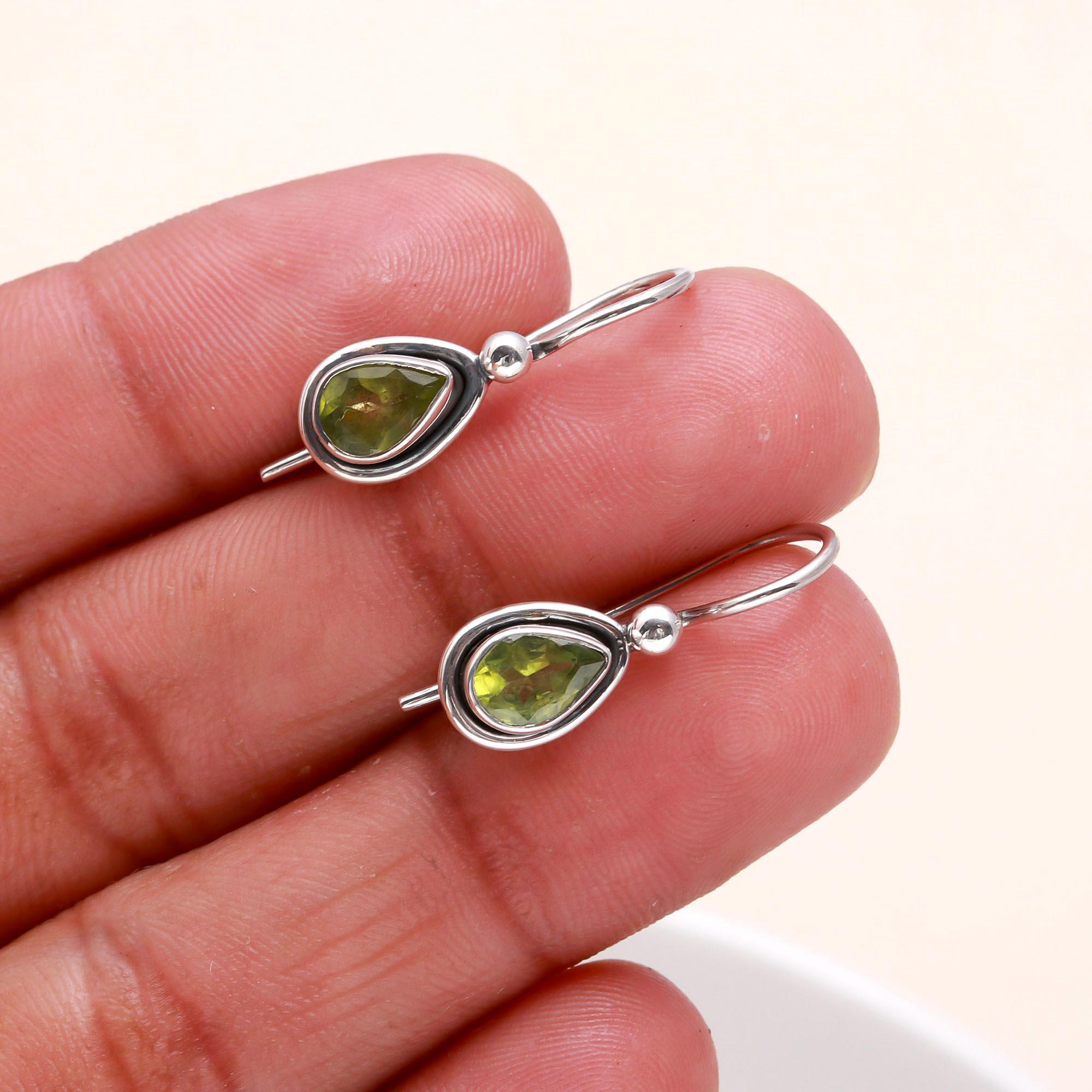 925 Sterling Silver Teardrop Peridot Hook Earrings