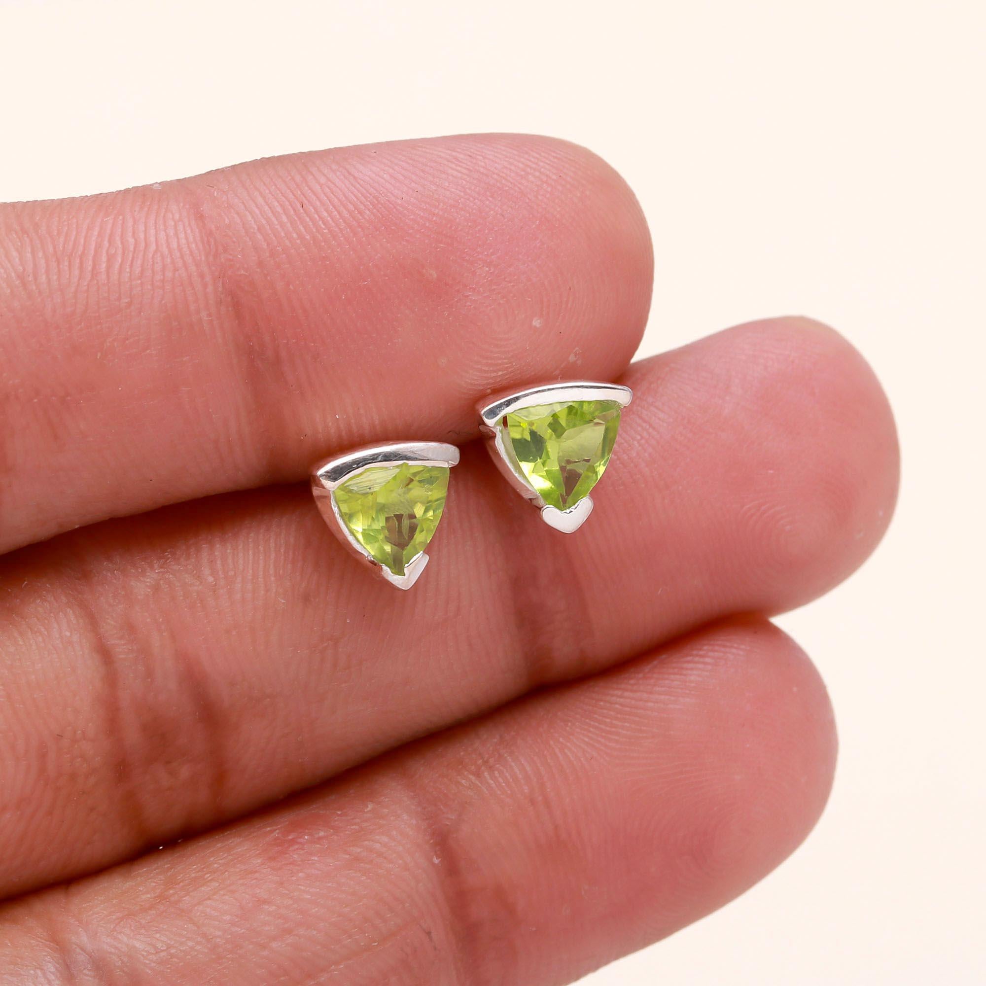 925 Sterling Silver Trillion Cut Peridot Stud Earrings