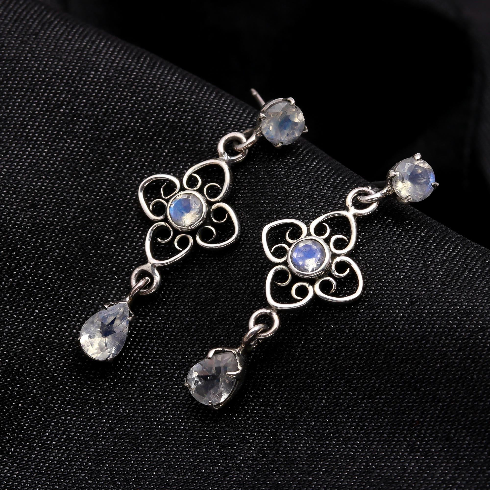 925 Sterling Silver Moonstone Filigree Drop Earrings