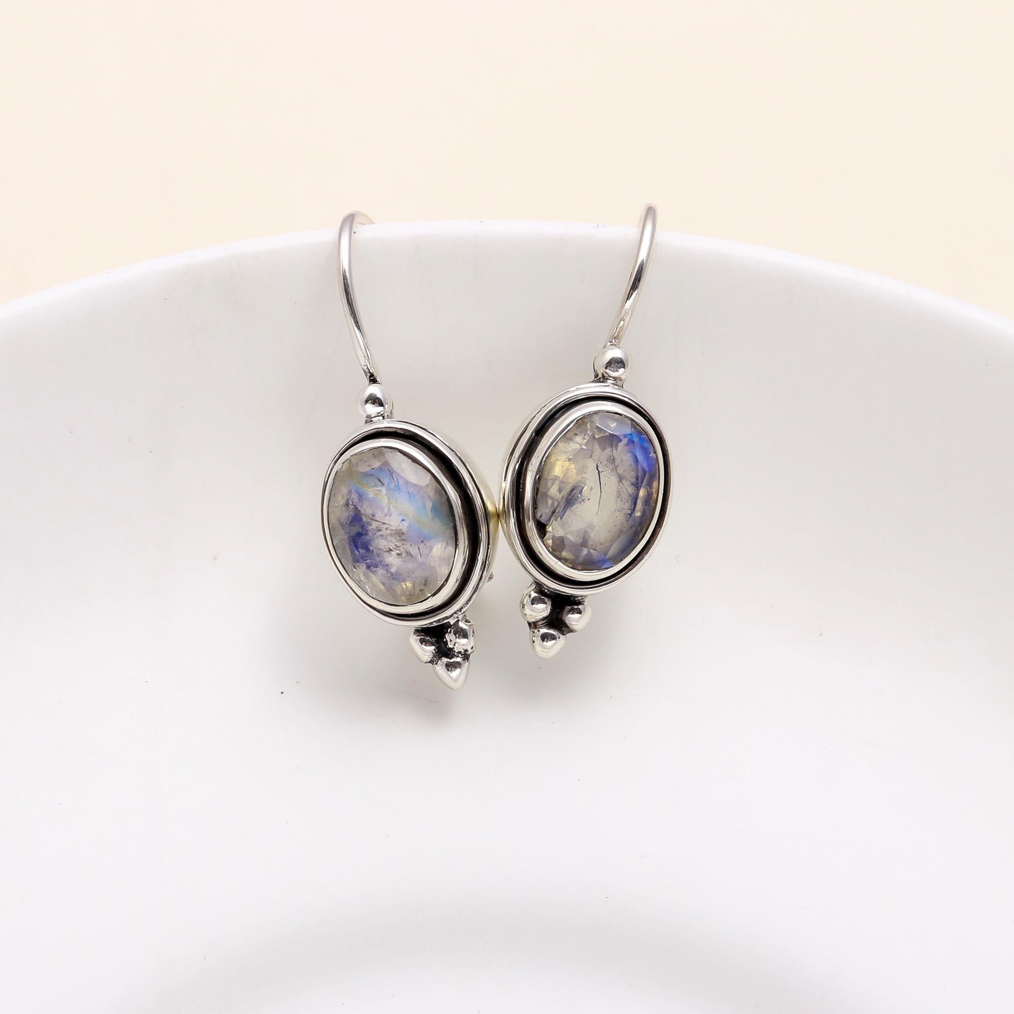 The Lunar Drop: Sterling Silver & Rainbow Moonstone Earrings