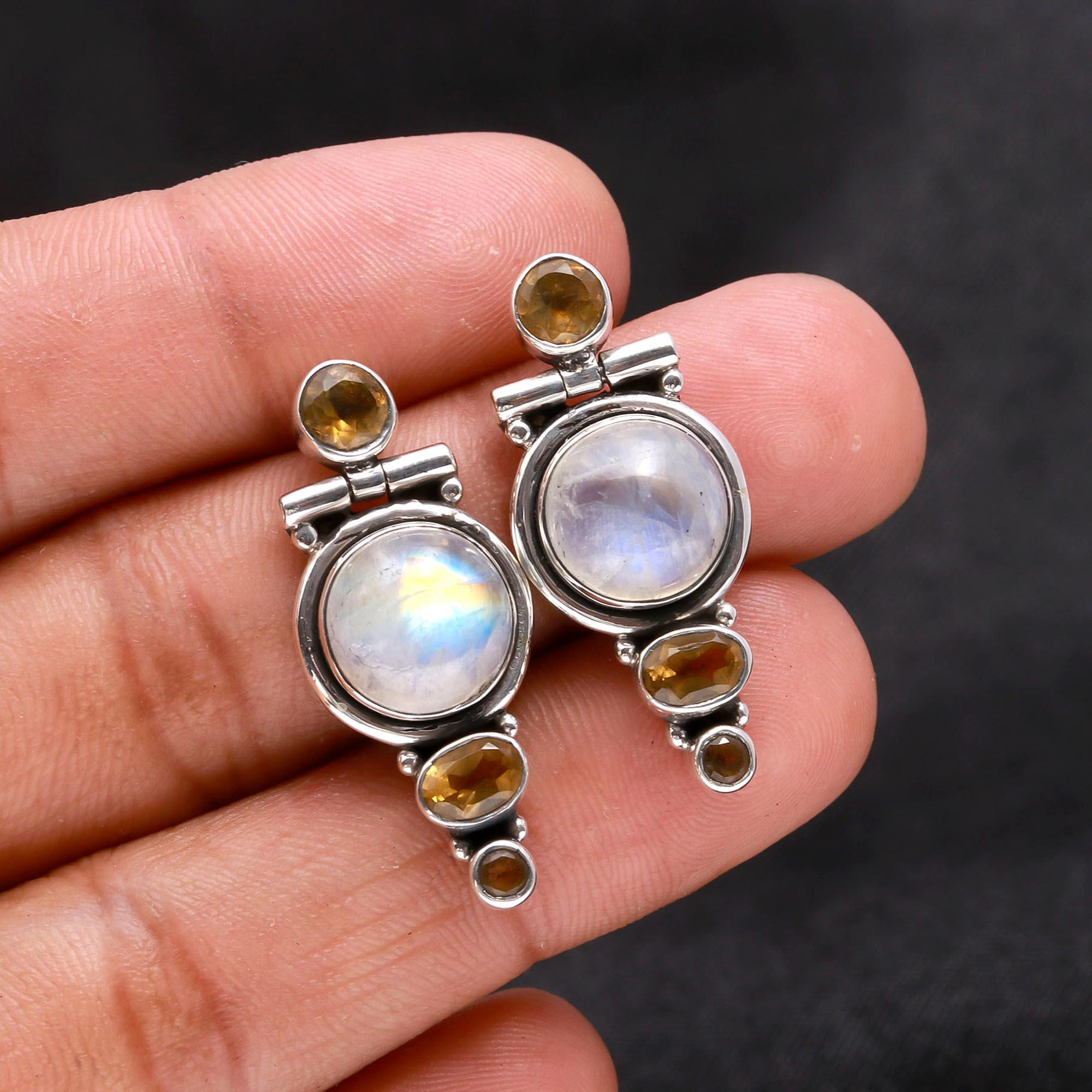 925 Sterling Silver Moonstone & Citrine Dangle Earrings