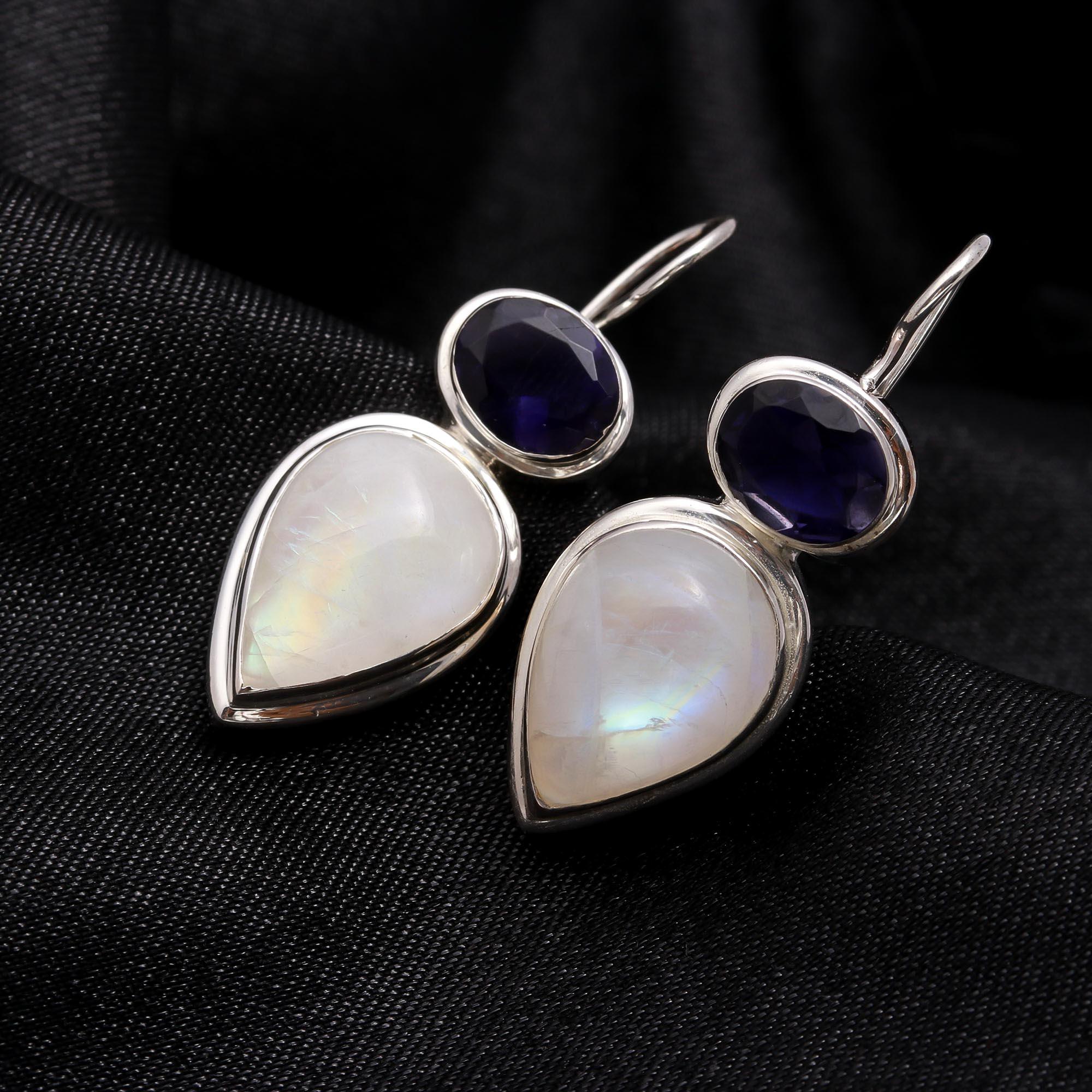 925 Sterling Silver Handmade Moonstone & Amethyst Dangle Earrings