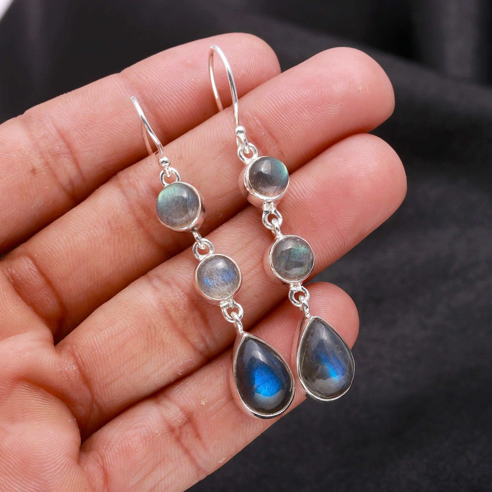 925 Sterling Silver Labradorite Boho Dangle Earrings