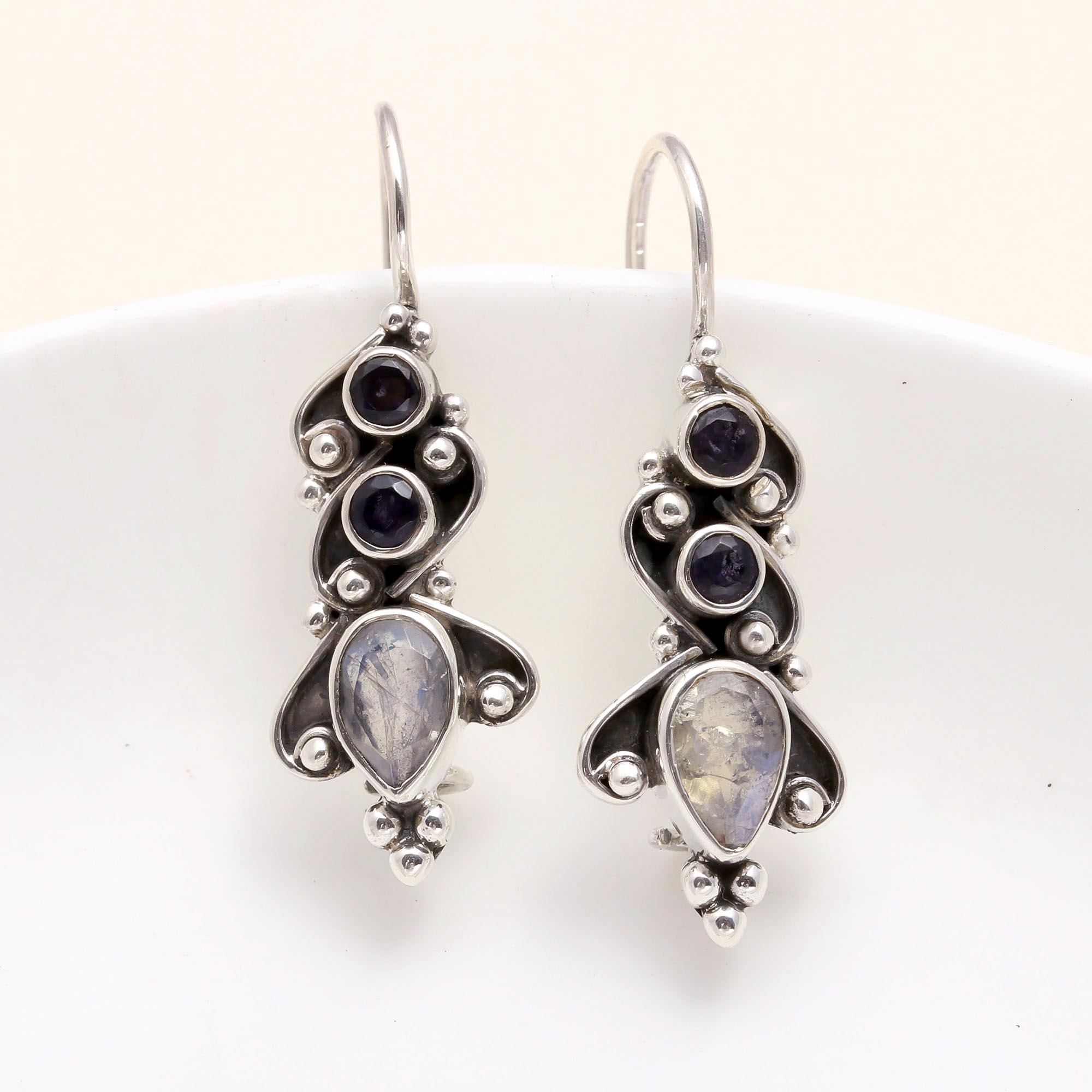 925 Sterling Silver Moonstone & Iolite Dangle Earrings