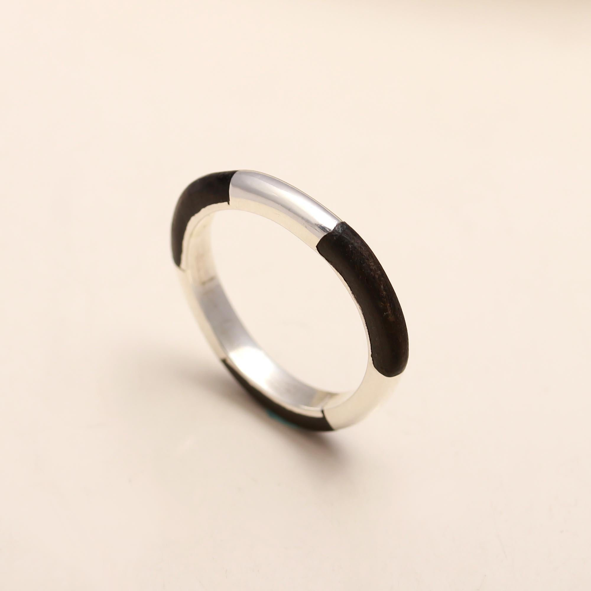 925 Silver Black Wood Inlay Band Ring