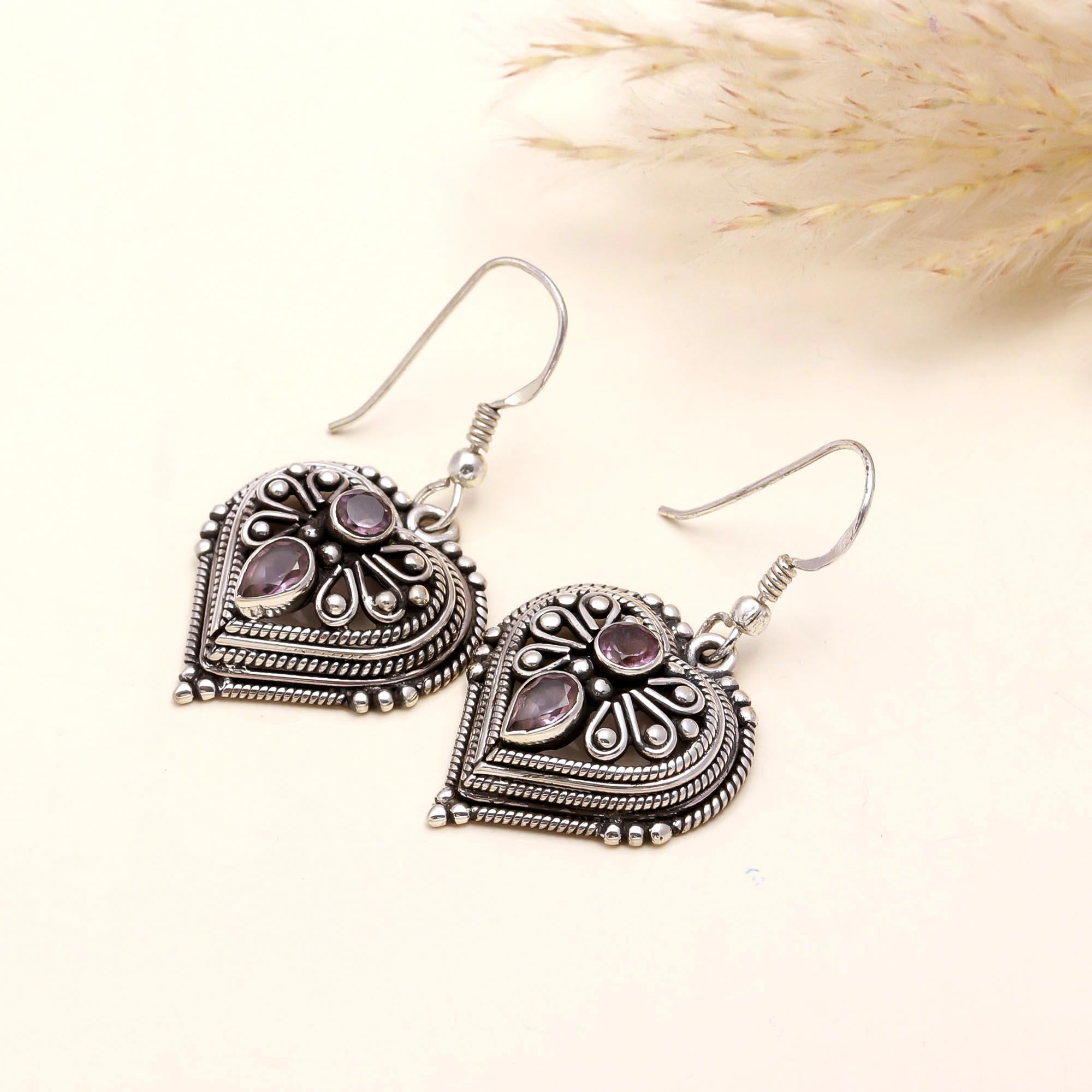 925 Sterling Silver Amethyst Vintage Heart Dangle Earrings