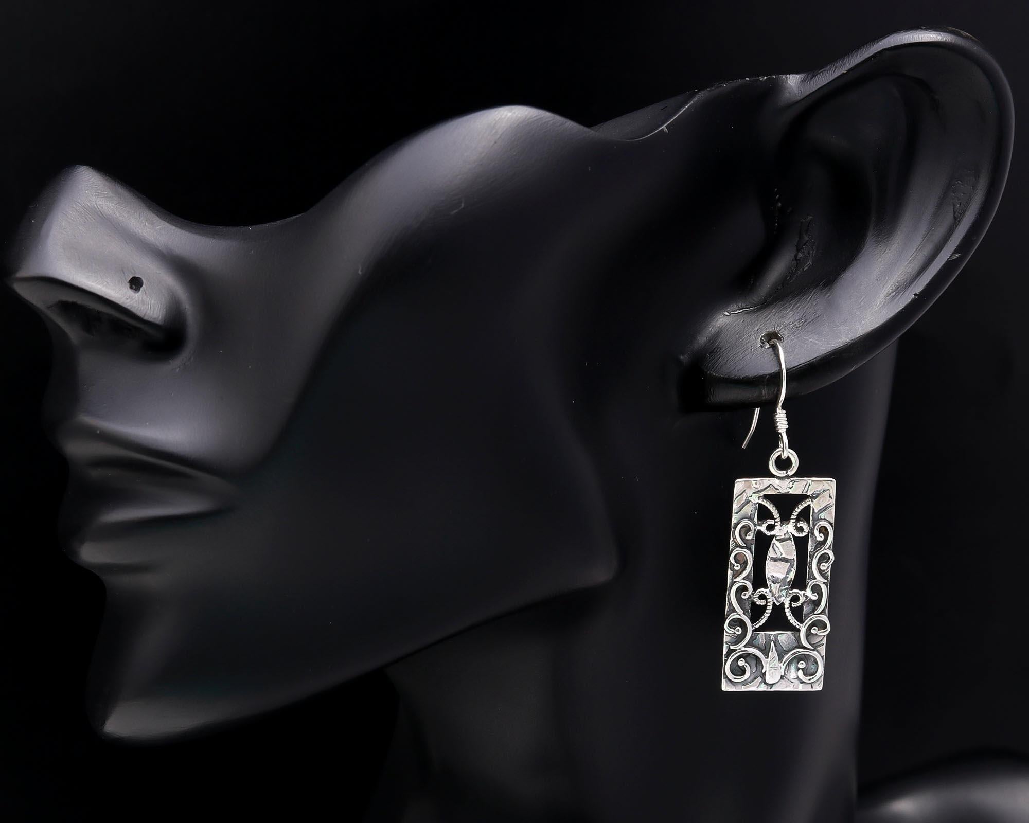 925 Sterling Silver Rectangle Vintage Boho Filigree Dangle Earrings
