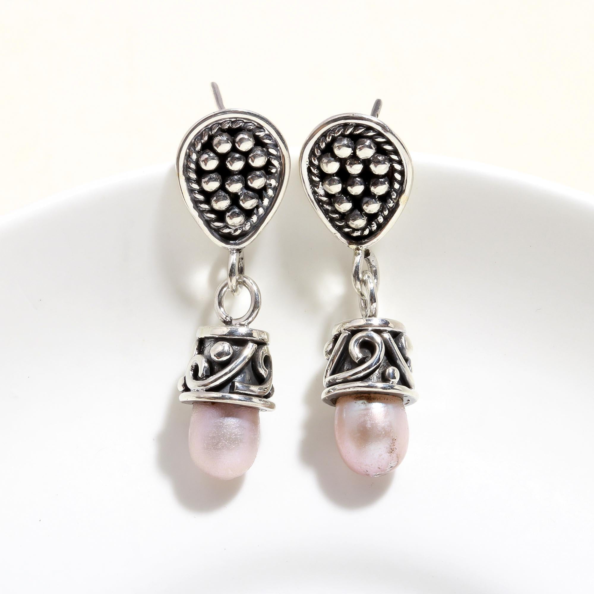 925 Sterling Silver Pearl Vintage Boho Dangle Earrings