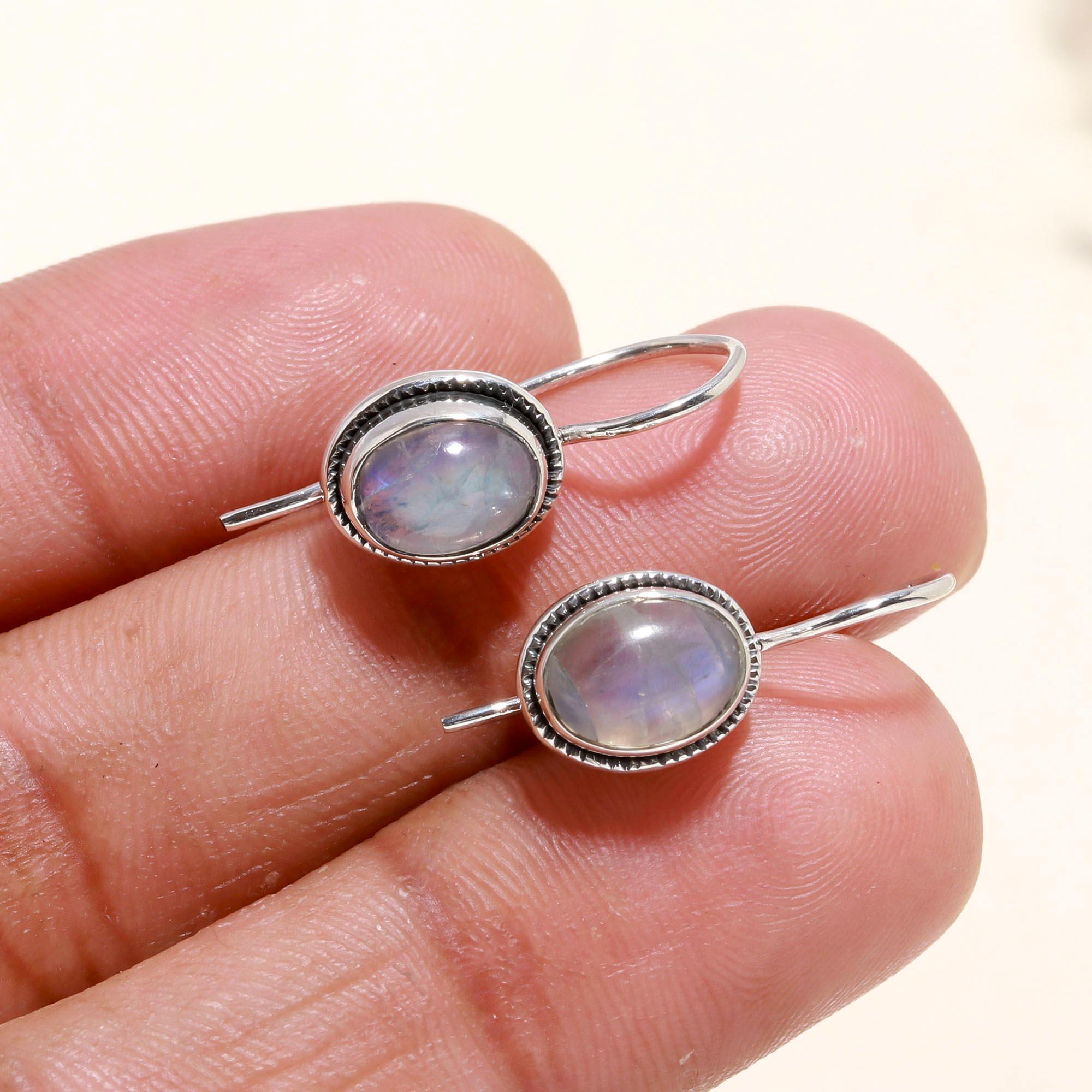 925 Sterling Silver Oval Moonstone Dangle Earrings