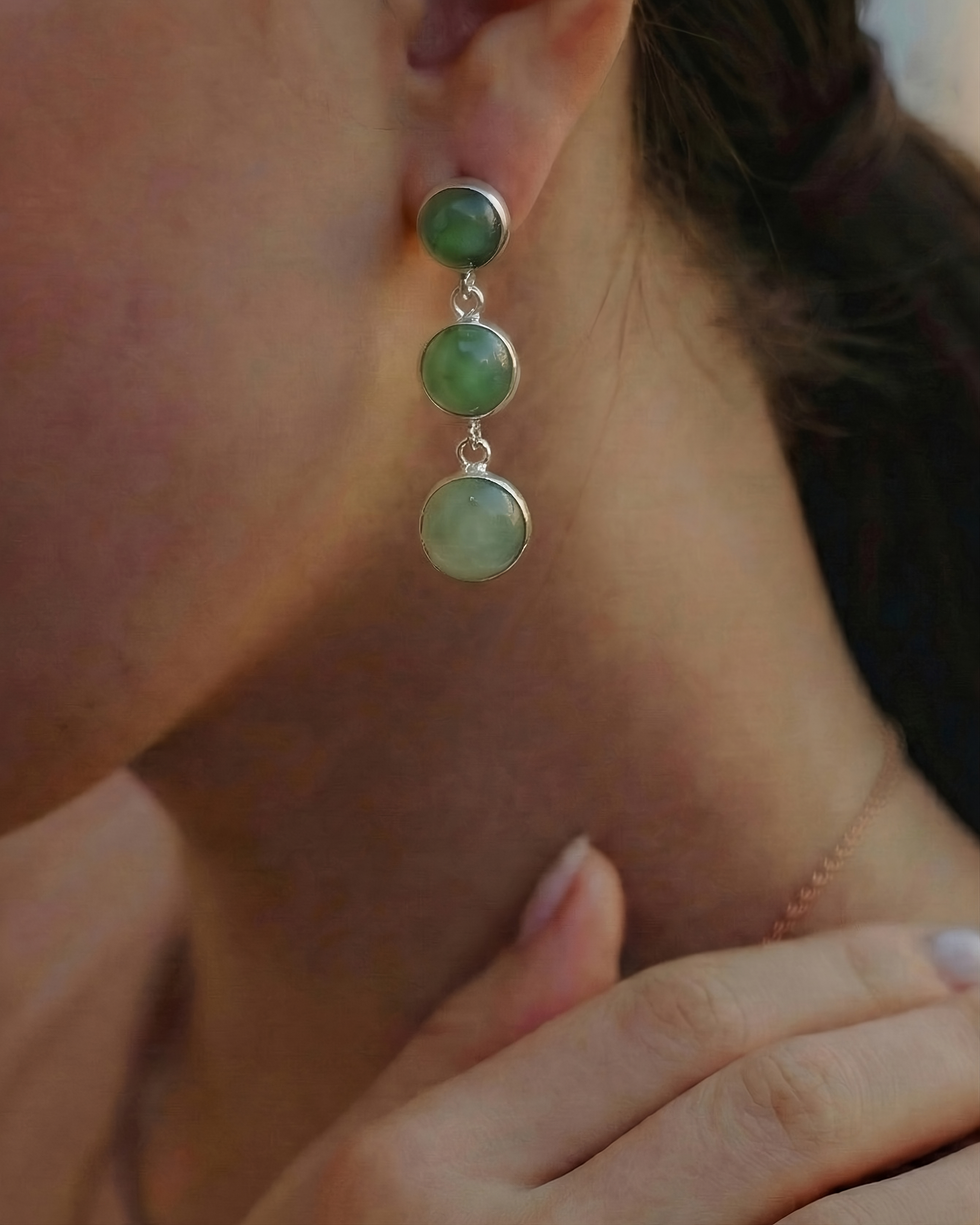 The Jade Cascade: Green Jade Silver Triple Drop Earrings