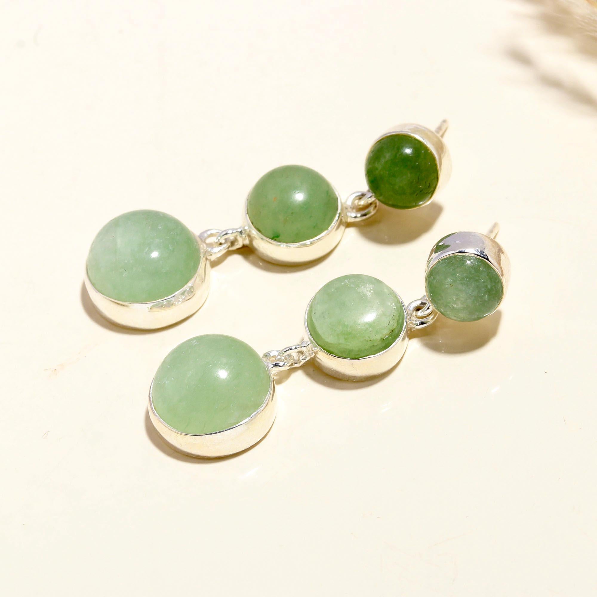 The Jade Cascade: Green Jade Silver Triple Drop Earrings