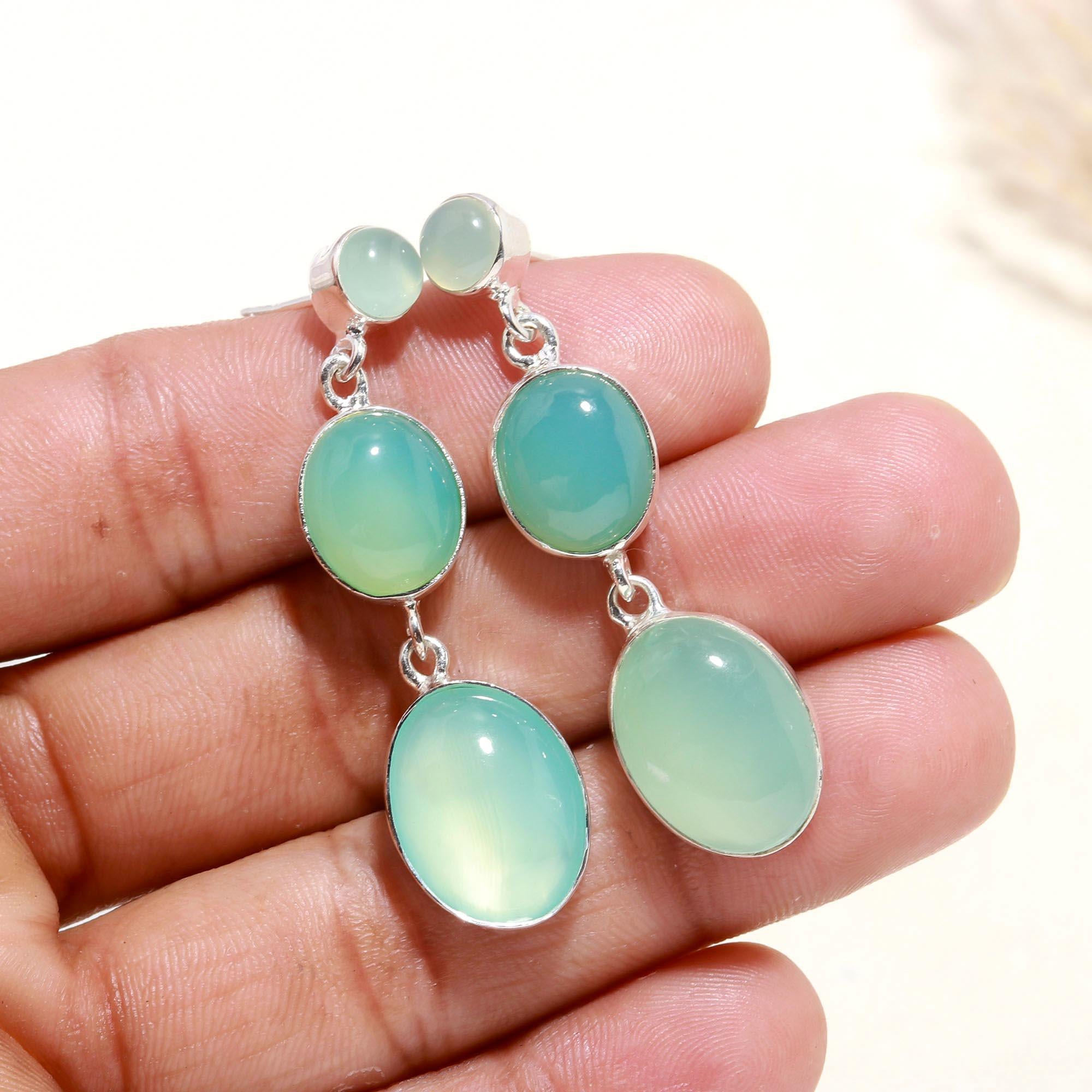 The Serene Cascade: Aqua Chalcedony Silver Triple Drop Earrings