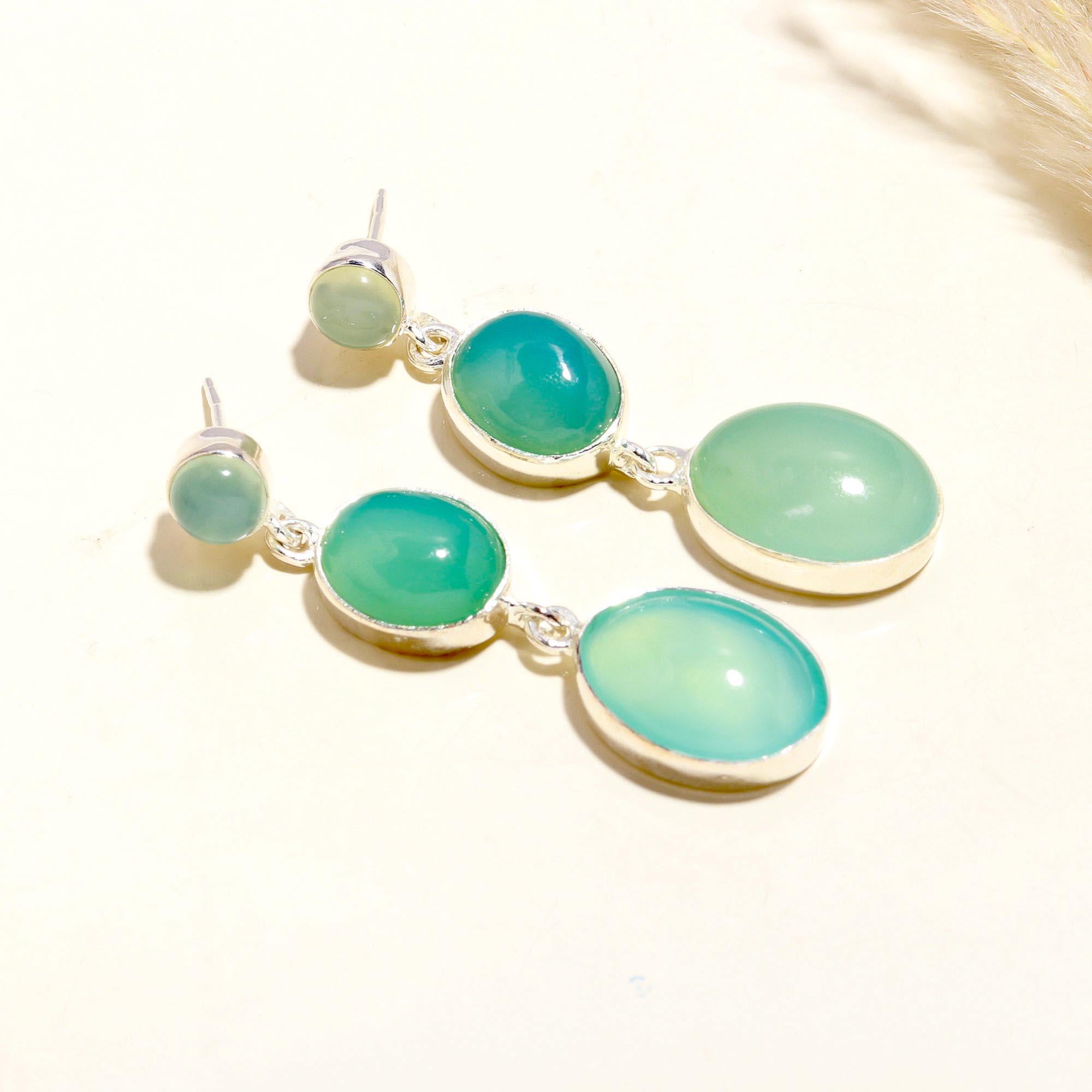 The Serene Cascade: Aqua Chalcedony Silver Triple Drop Earrings