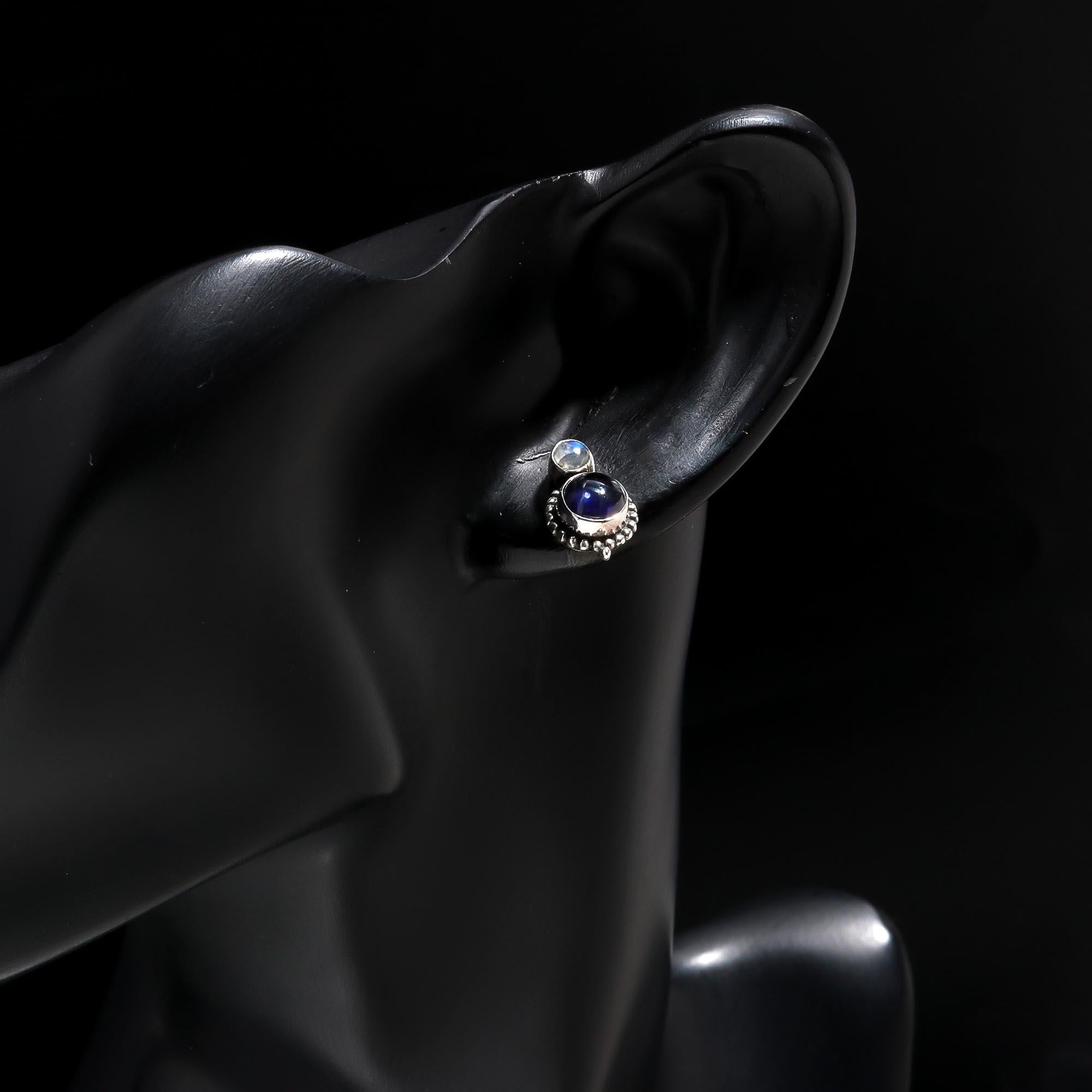 925 Sterling Silver Iolite & Aquamarine Vintage Boho Stud Earrings