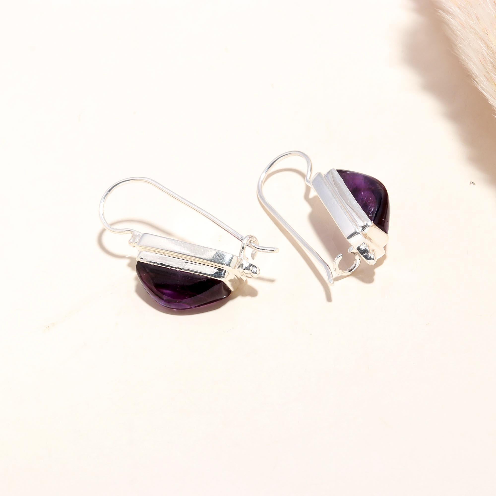 925 Sterling Silver Rectangular Amethyst Gemstone Dangle Earrings