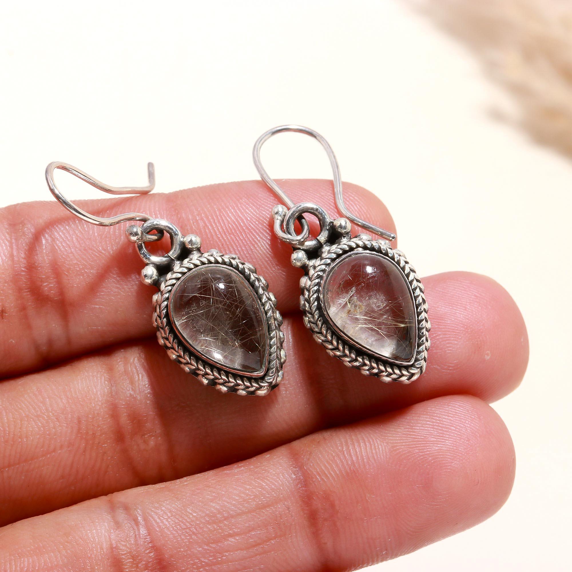 925 Sterling Silver Rutilated Quartz Boho Dangle Earrings